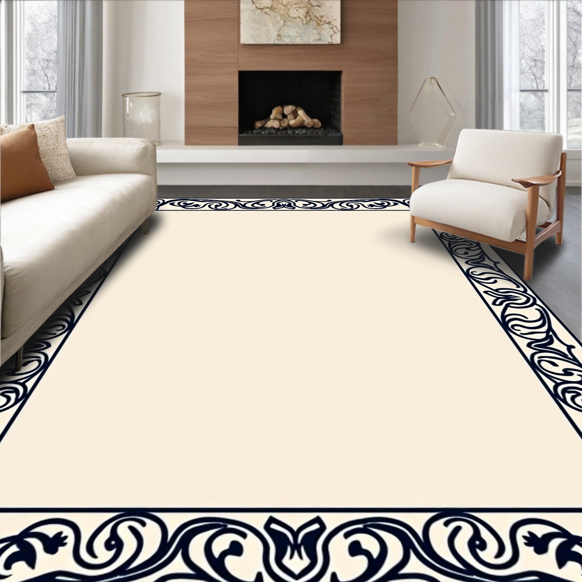 Dark Floral Scroll Border Design Rug