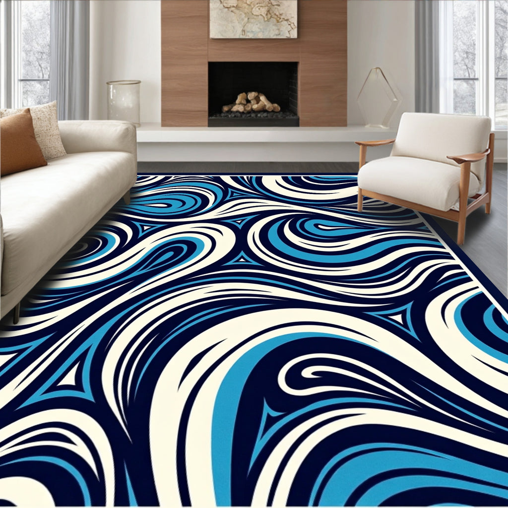 Abstract Swirling Blue Ivory Pattern Rug