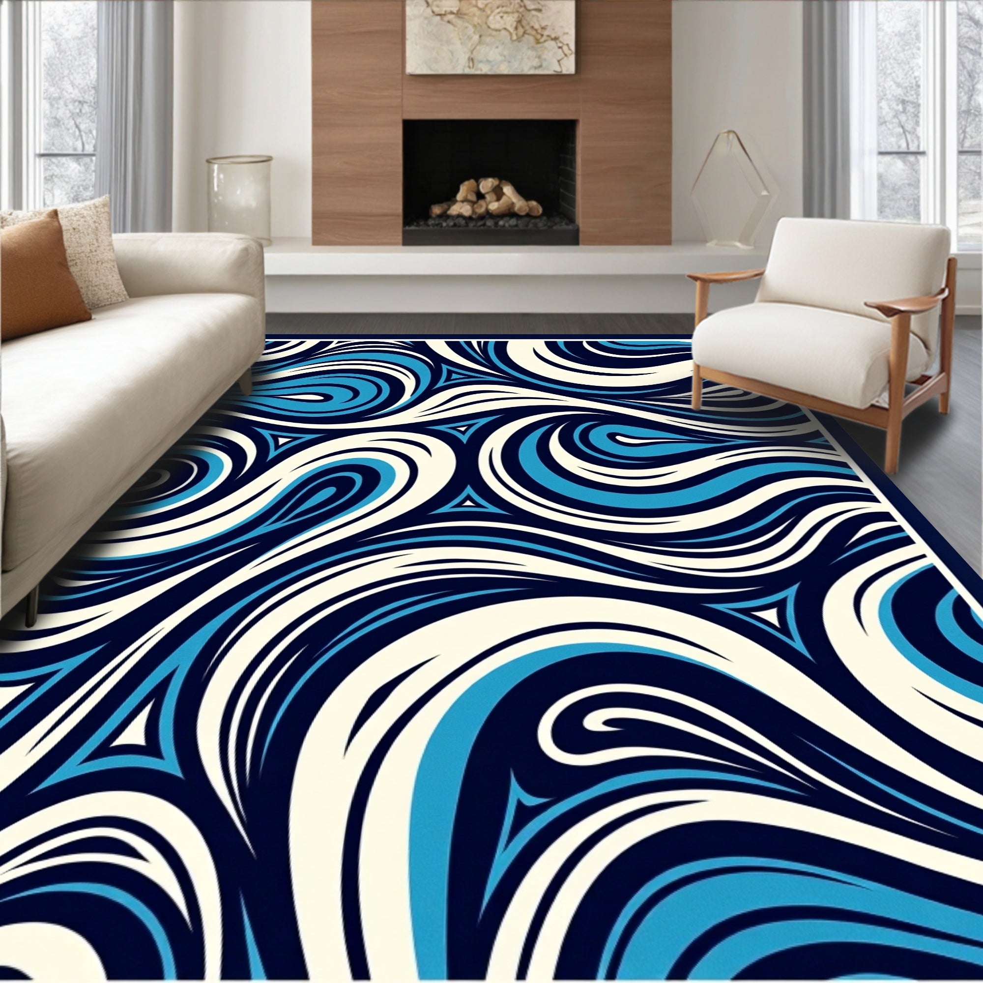 Abstract Swirling Blue Ivory Pattern Rug