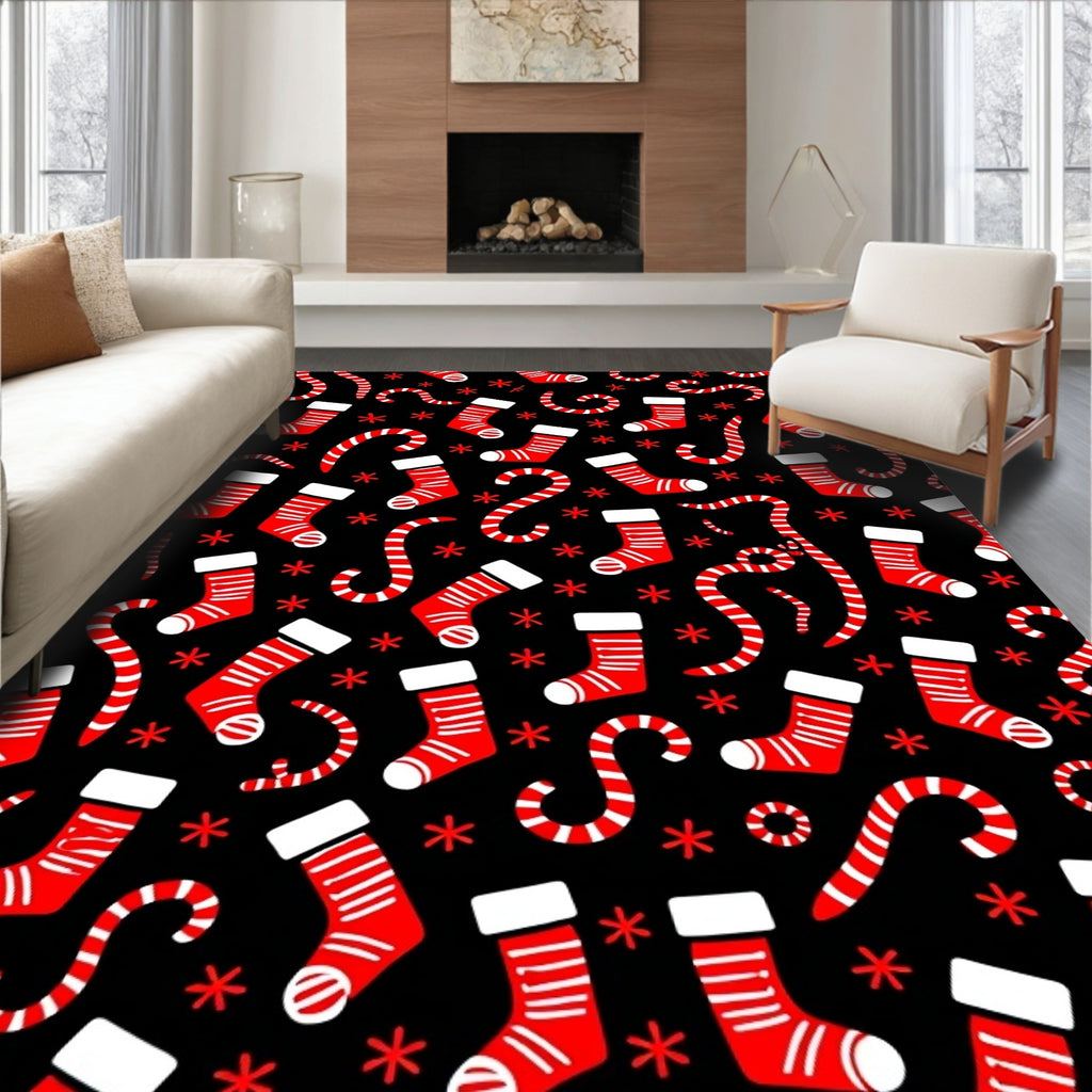 Red Stocking Candy Cane Snowflake Rug