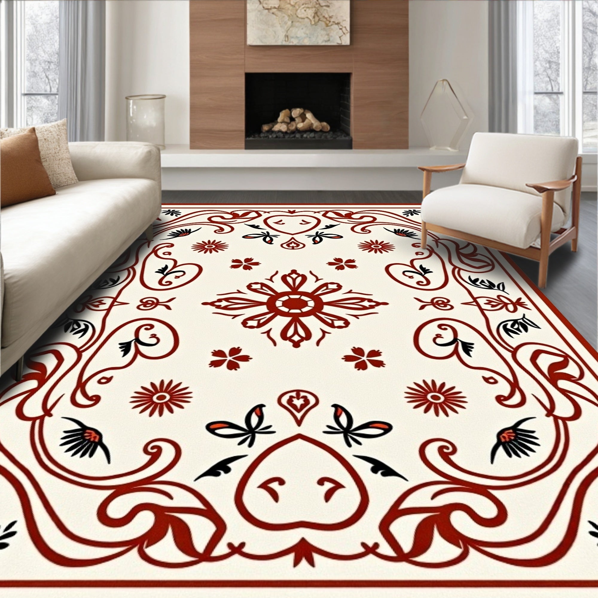 Crimson Floral Vines Pattern Rug