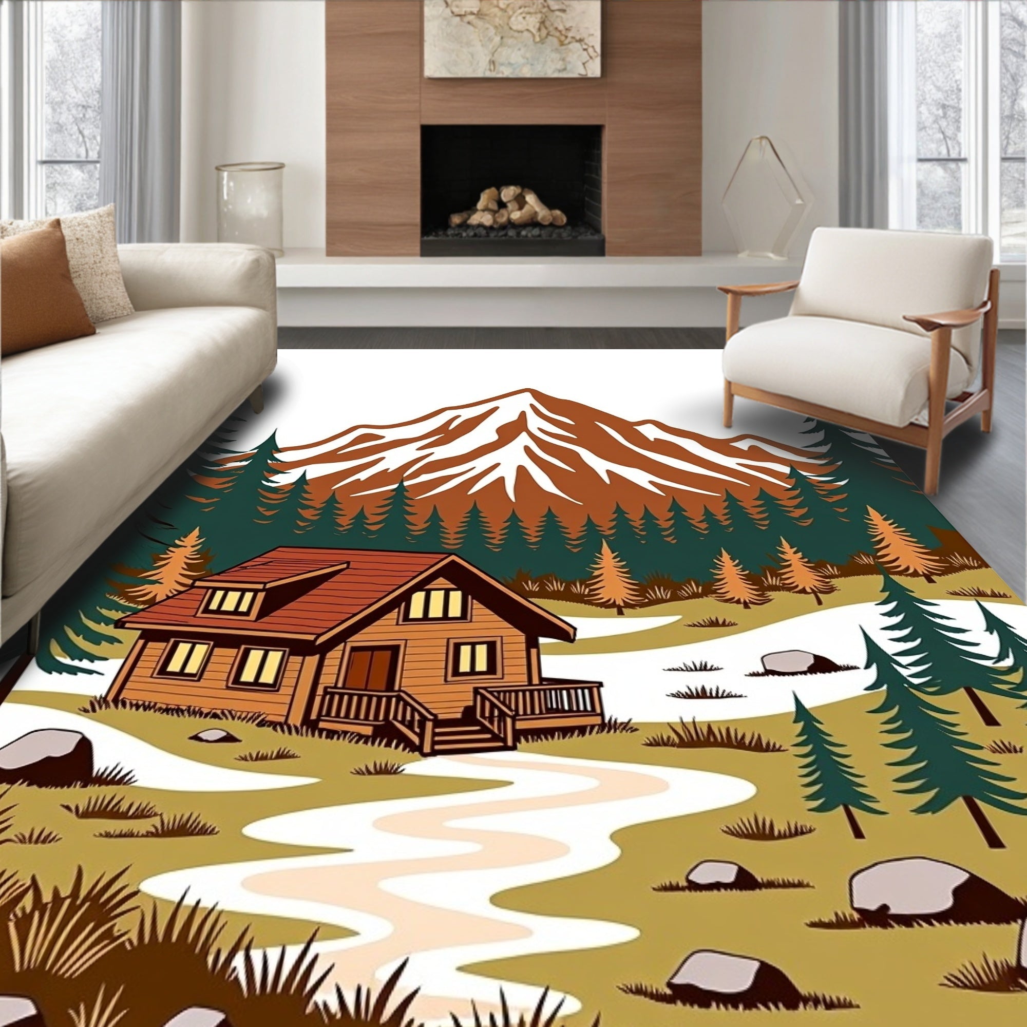 Rustic Mountain Cabin Woodland Scene Rug