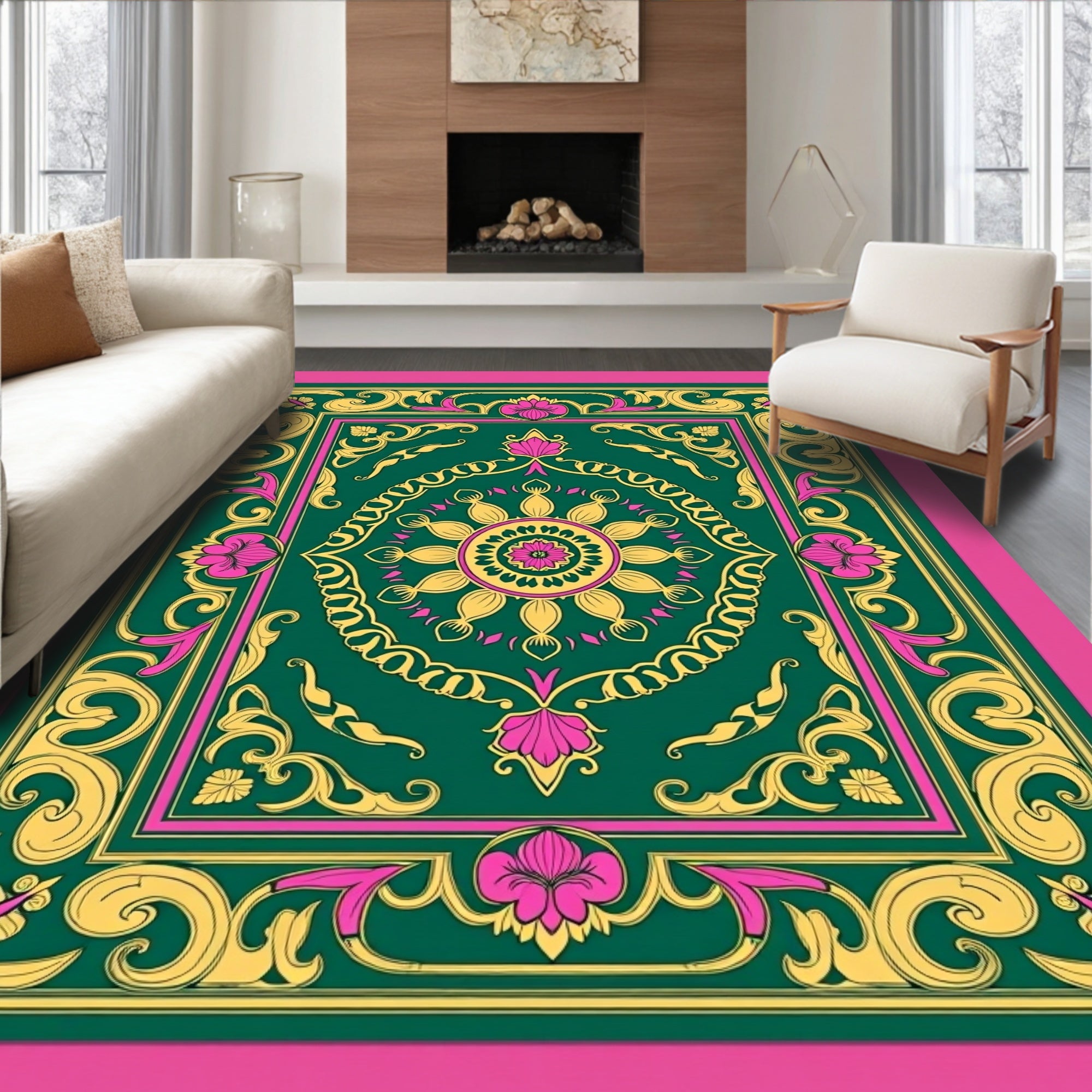 Ornate Floral Medallion Green Rug