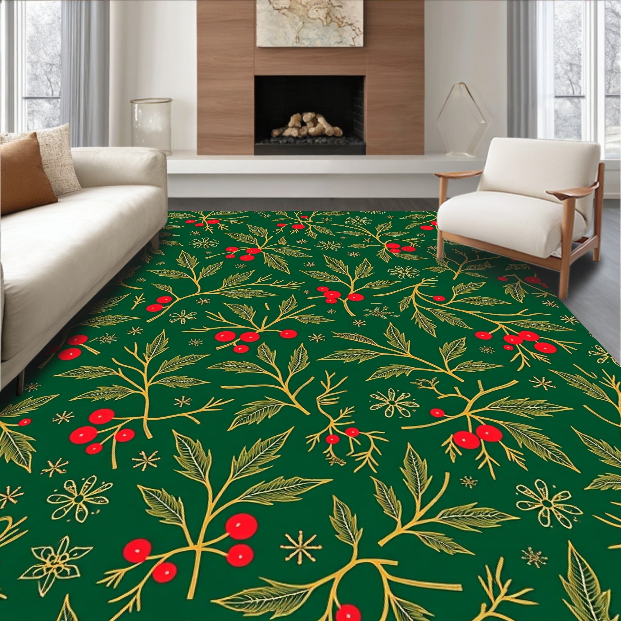 Green Red Berry Leaf Holly Sprigs Rug