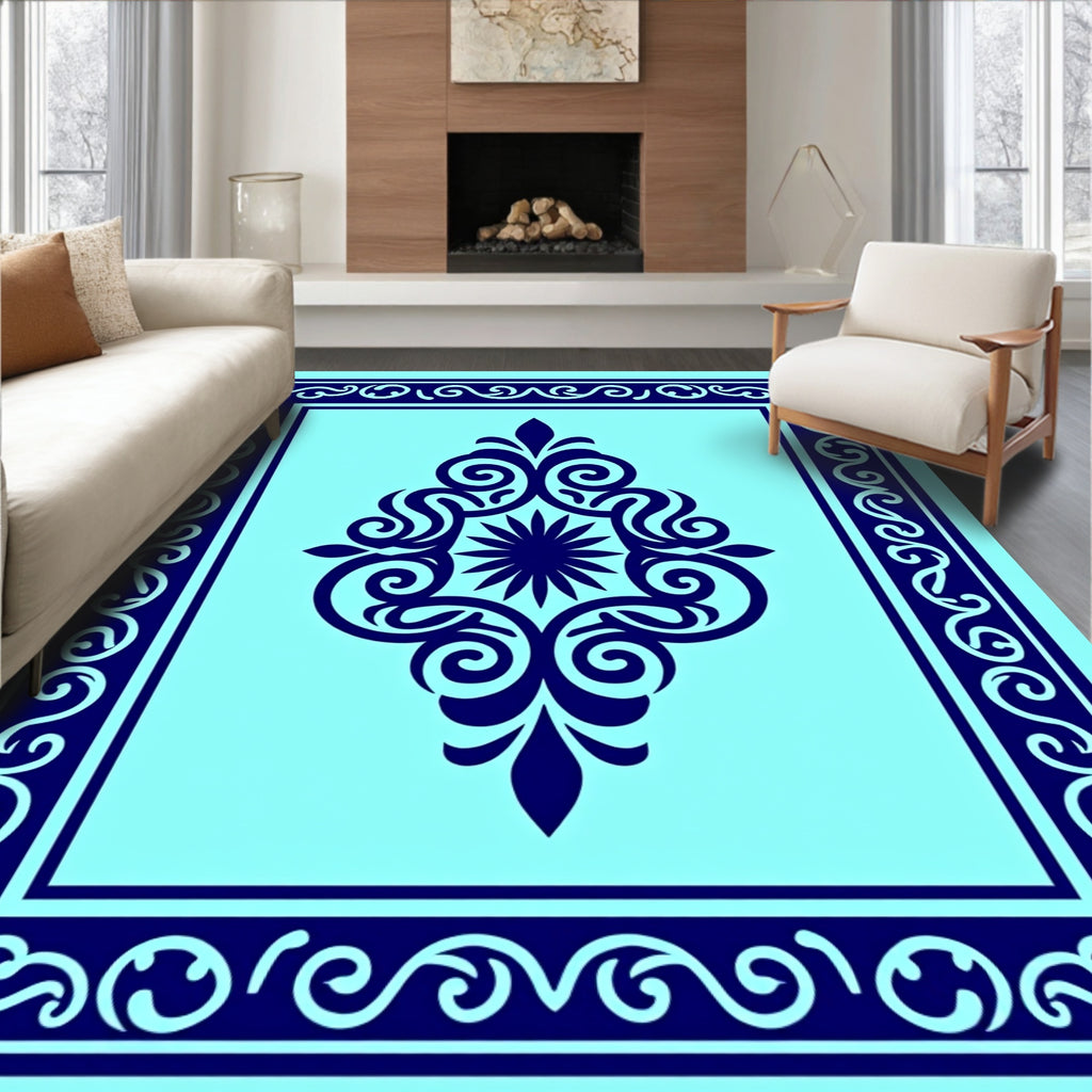 Ornate Dark Blue Floral Frame Rug