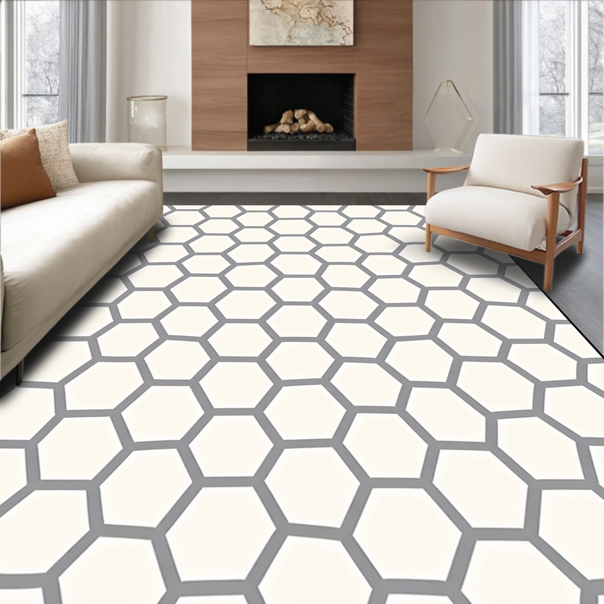 Gray Cream Hexagonal Pattern Rug