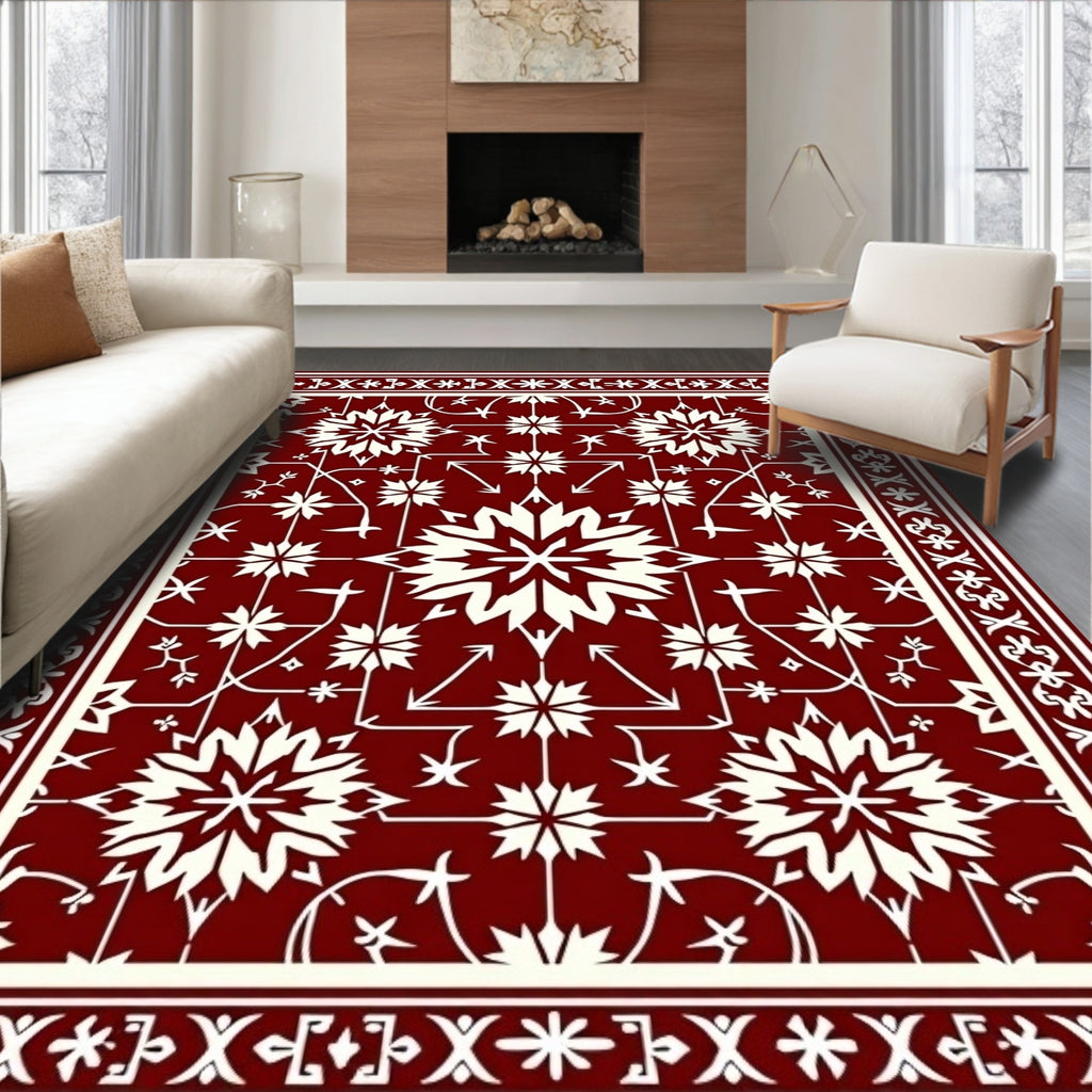 Deep Red Floral Starburst Pattern Rug