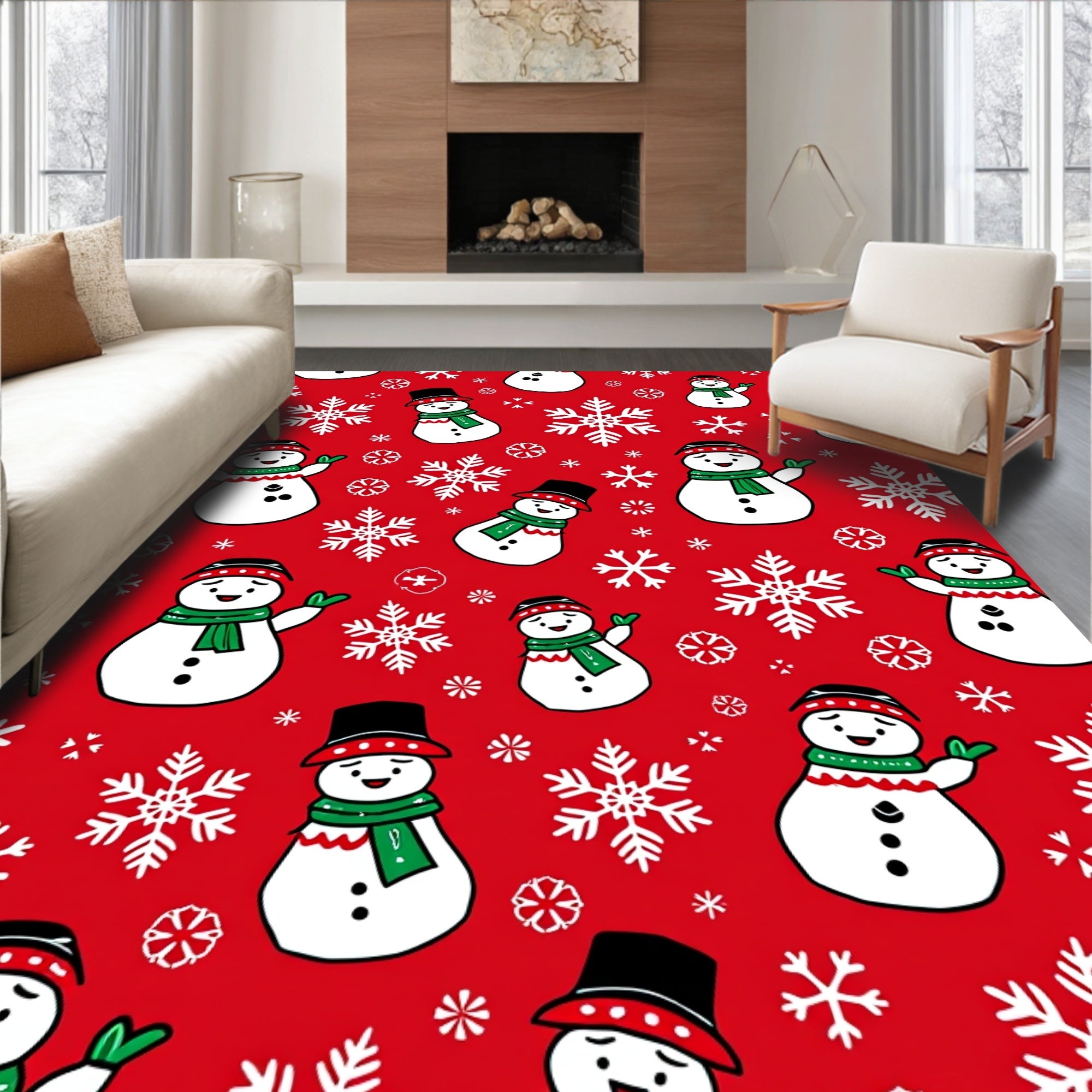 Cheerful Snowman Red Snowflake Pattern Rug
