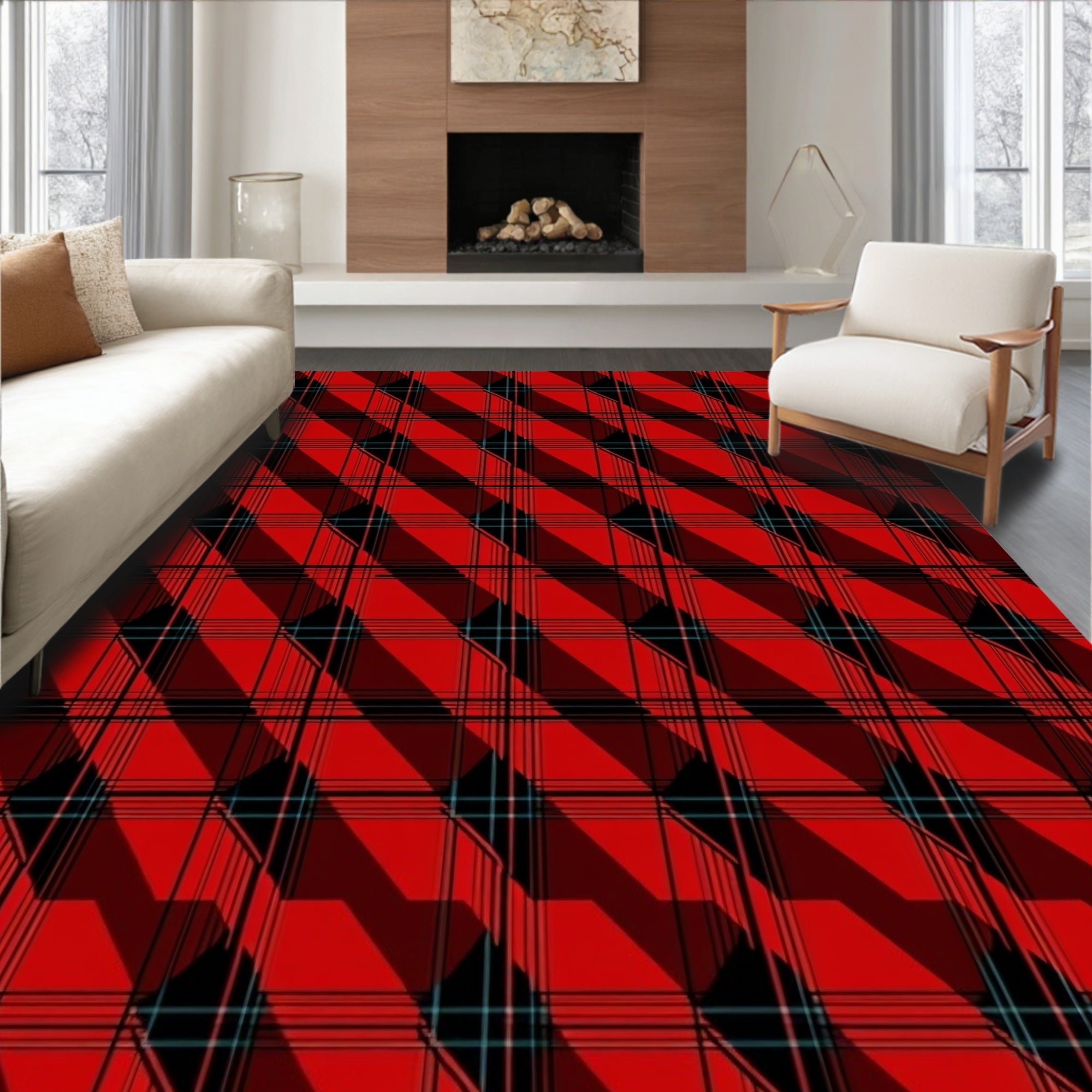Red Black Plaid Geometric Pattern Rug