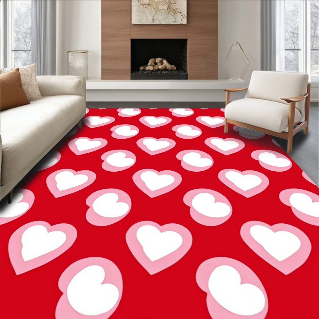 Red White Pink Heart Pattern Rug