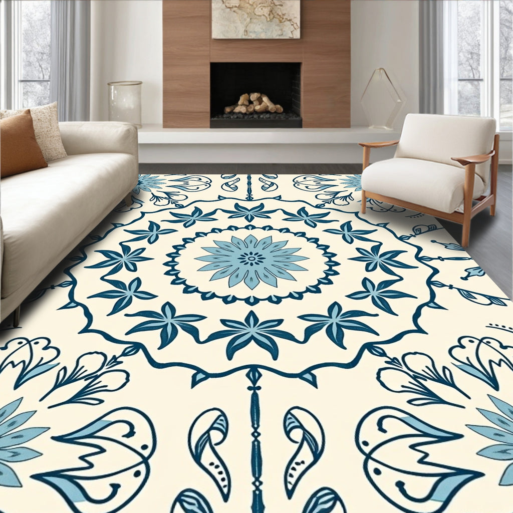 Pale Blue Floral Mandala Medallion Rug