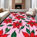 Red Floral Pattern with Green Leaves Rug