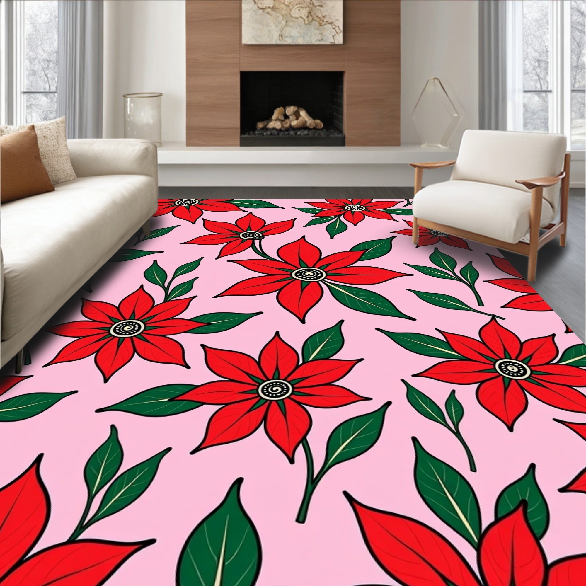 Red Floral Pattern with Green Leaves Rug
