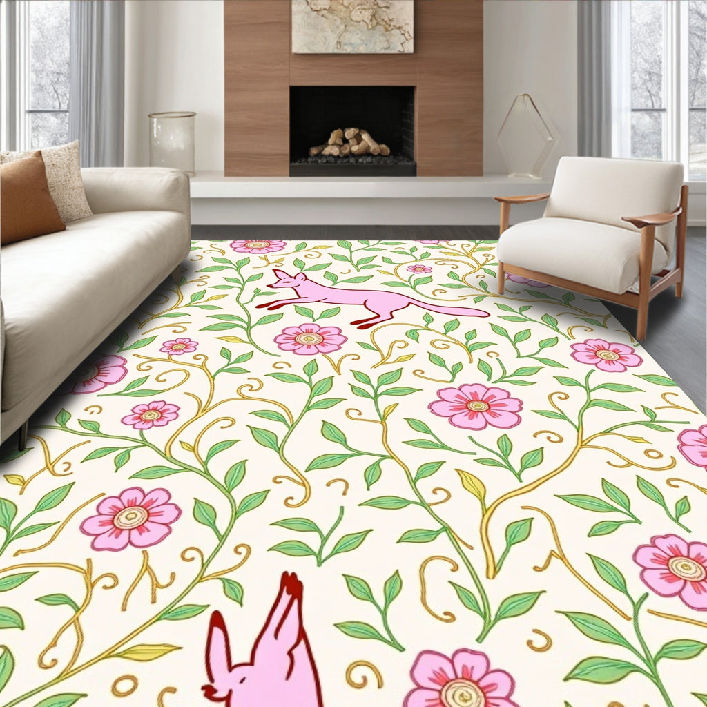 Pink Fox Floral Vine Pattern Rug