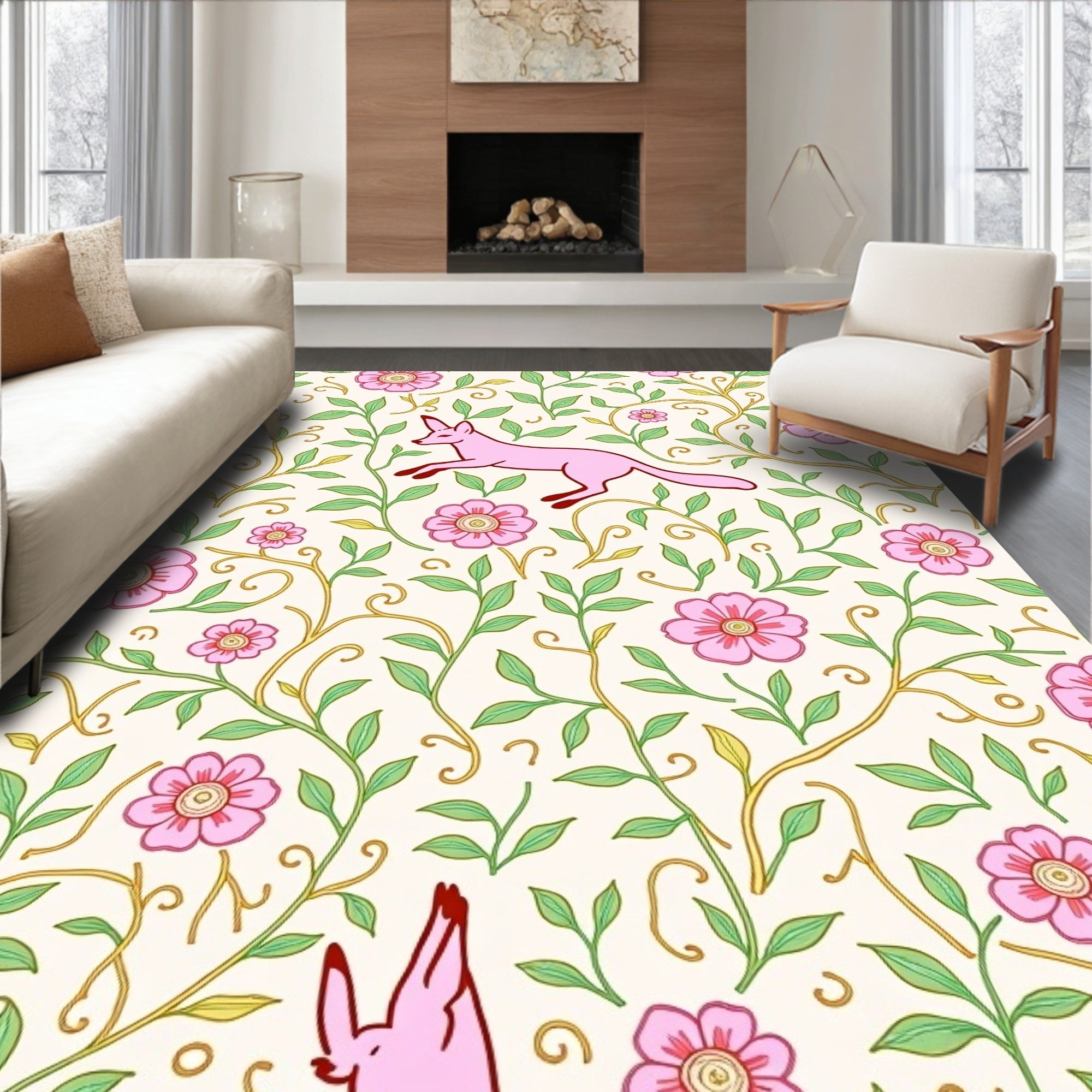 Pink Fox Floral Vine Pattern Rug