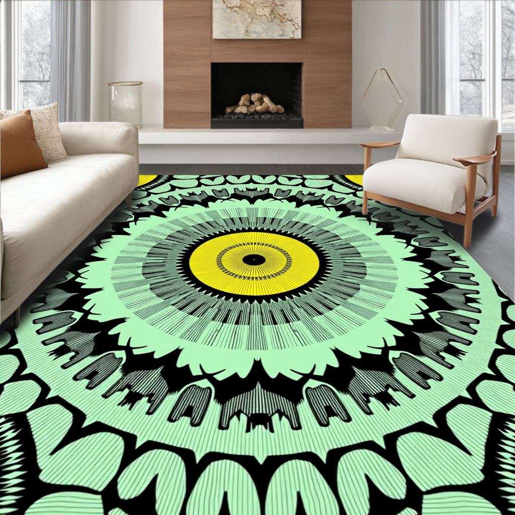Vibrant Yellow Mint Black Medallion Rug