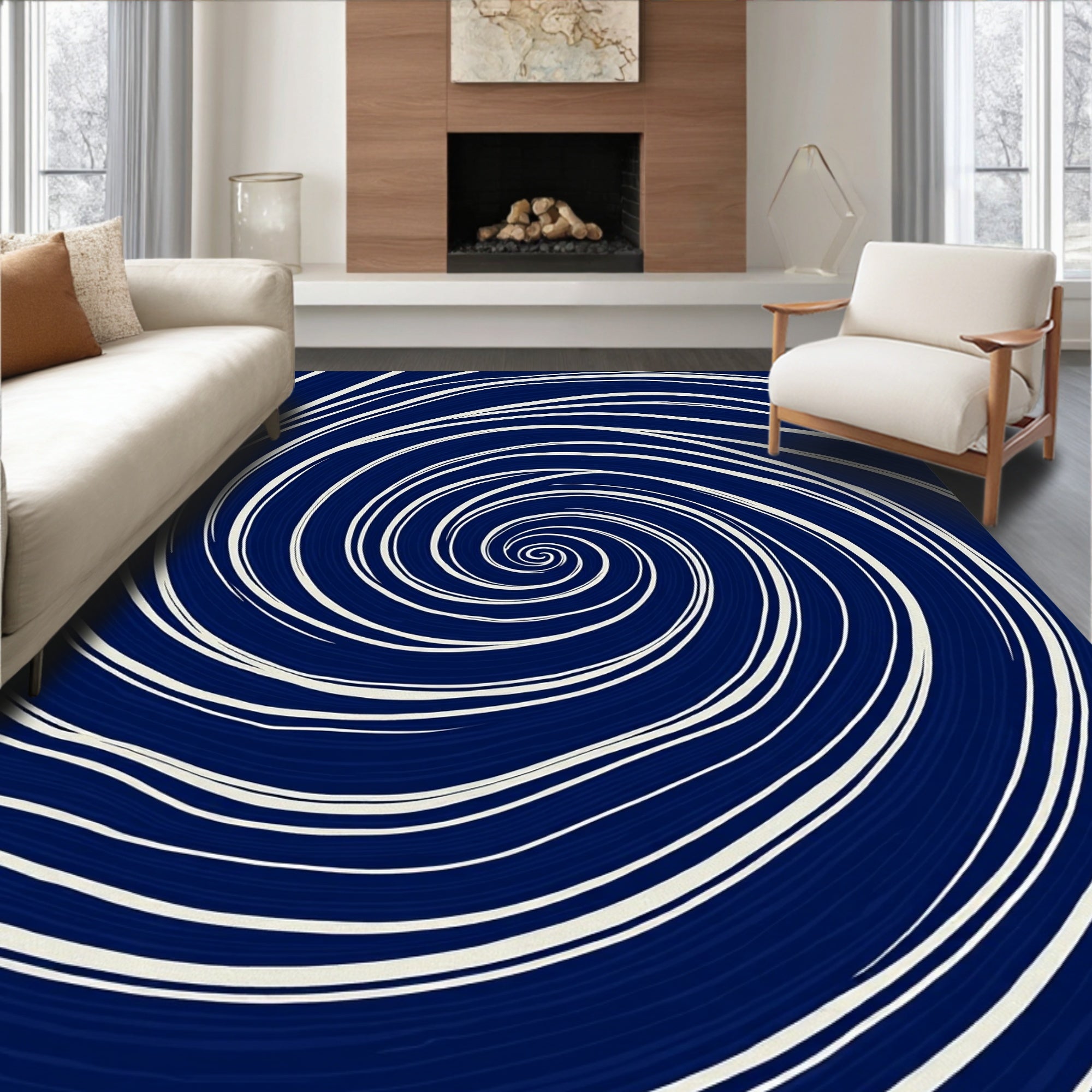 Navy White Swirl Pattern Rug