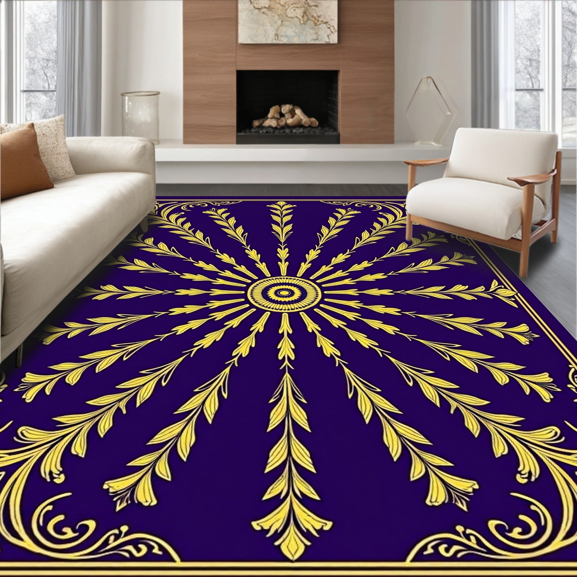 Golden Sunburst Floral Emblem Rug