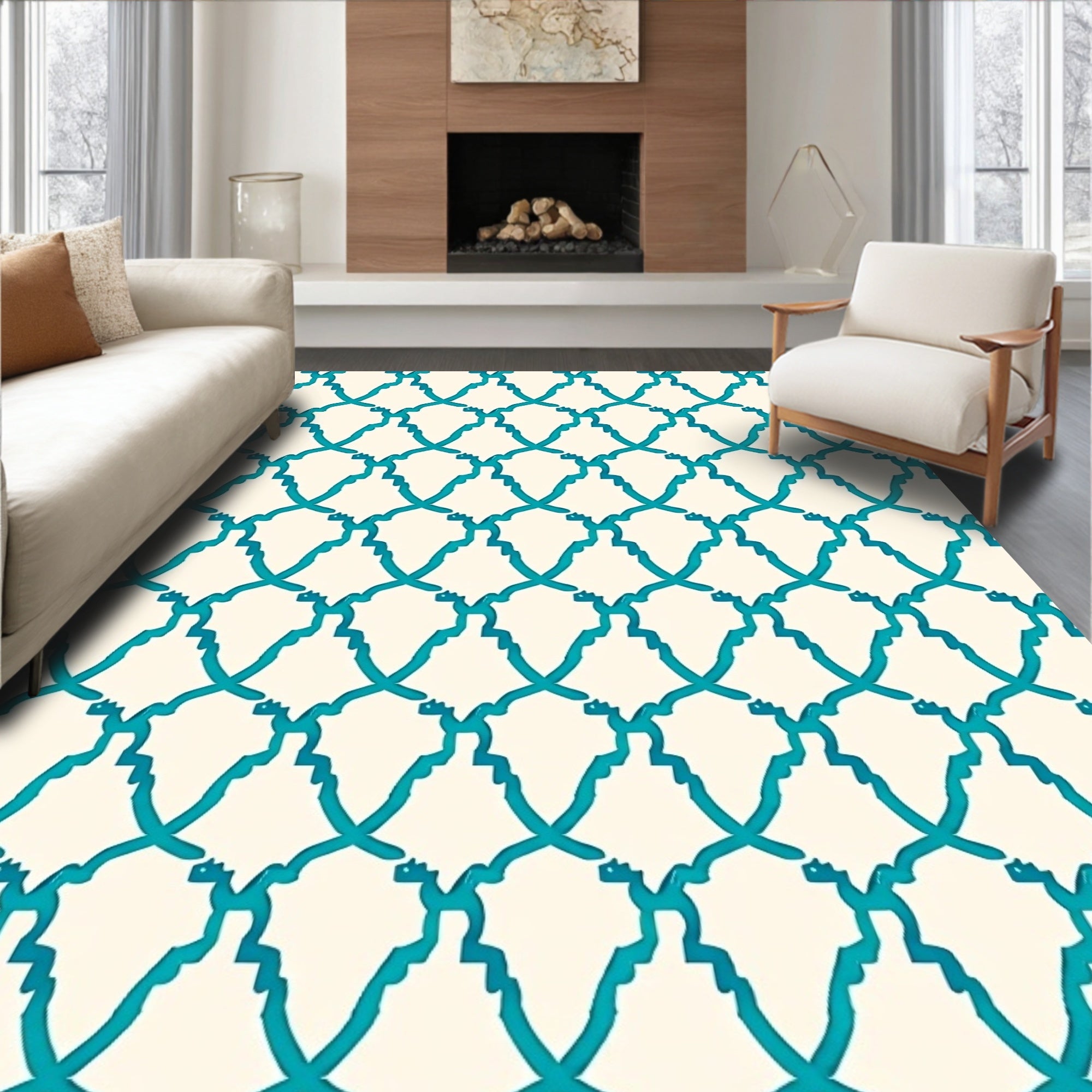 Teal Geometric Lattice Over Cream Rug