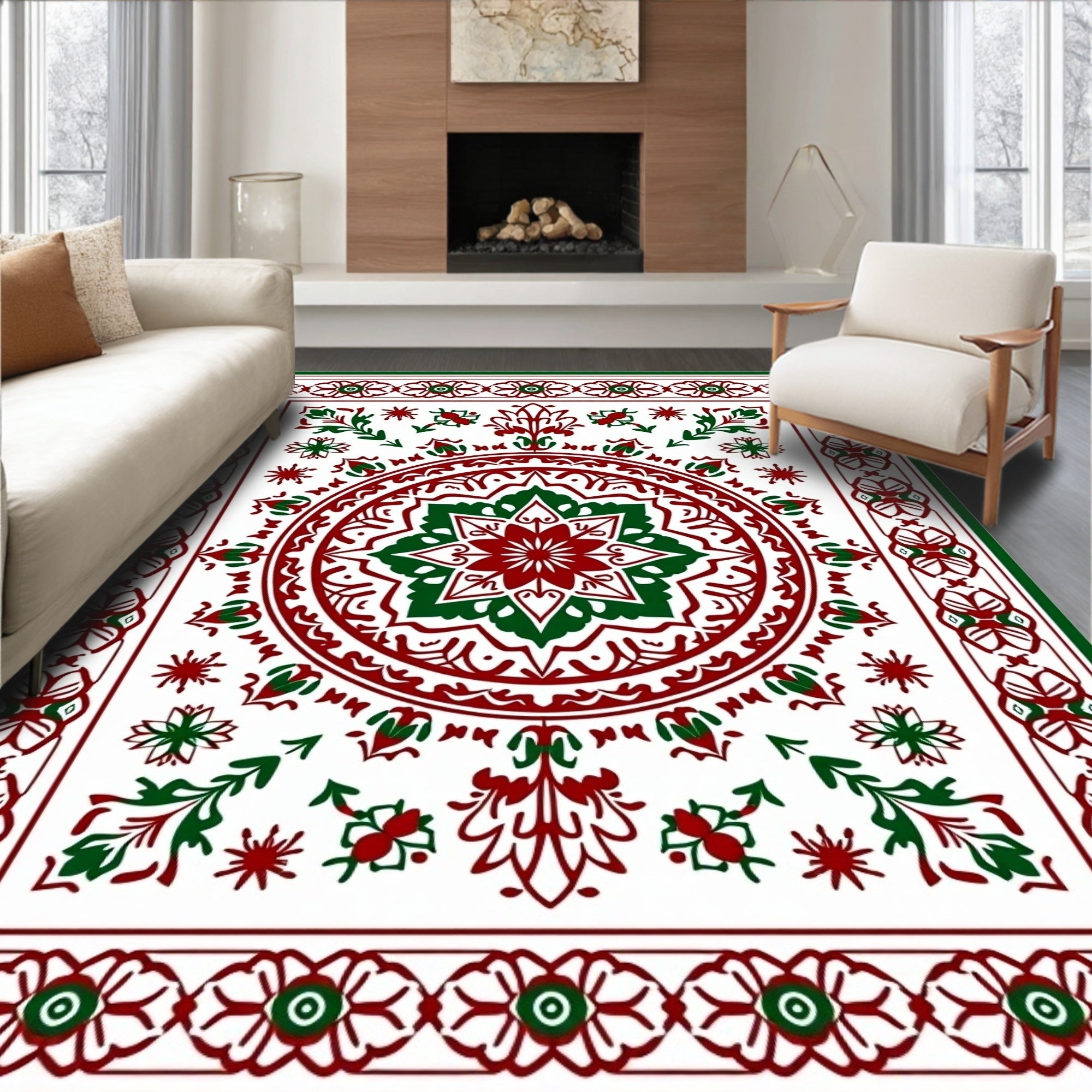 Red Green Vintage Geometric Medallion Rug