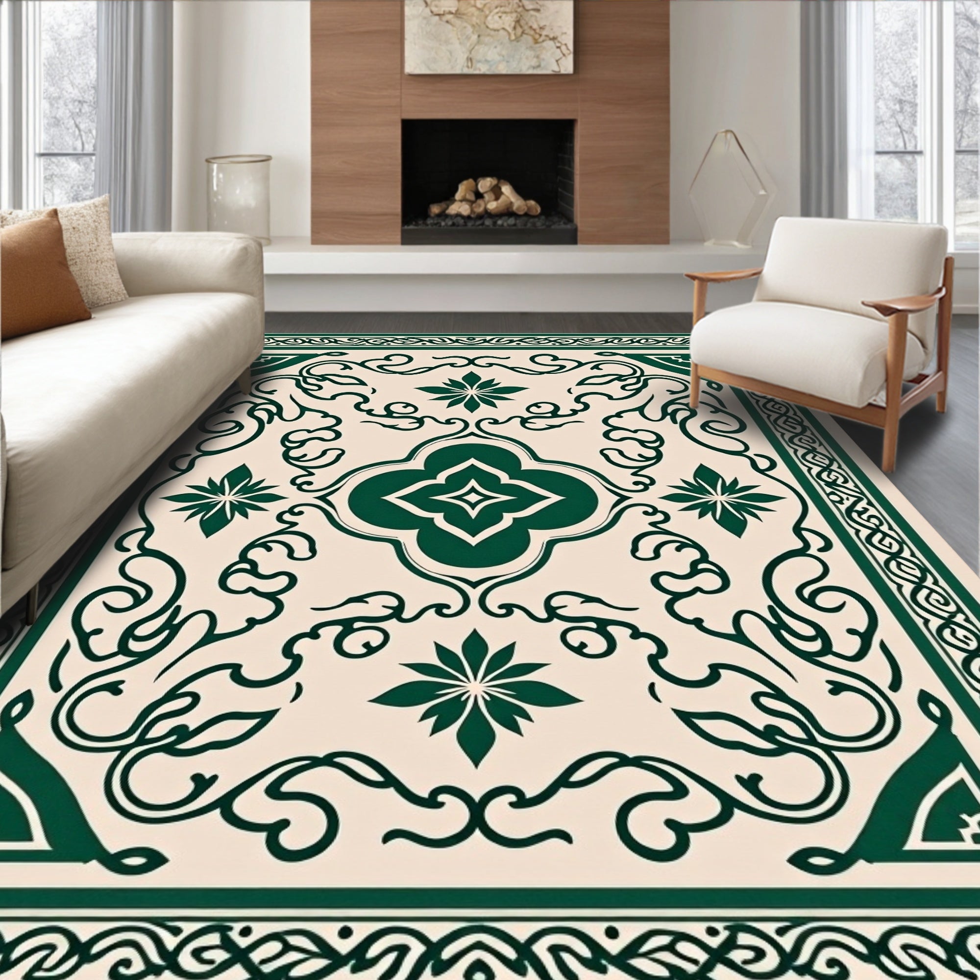 Green Floral Vine Intricate Pattern Rug