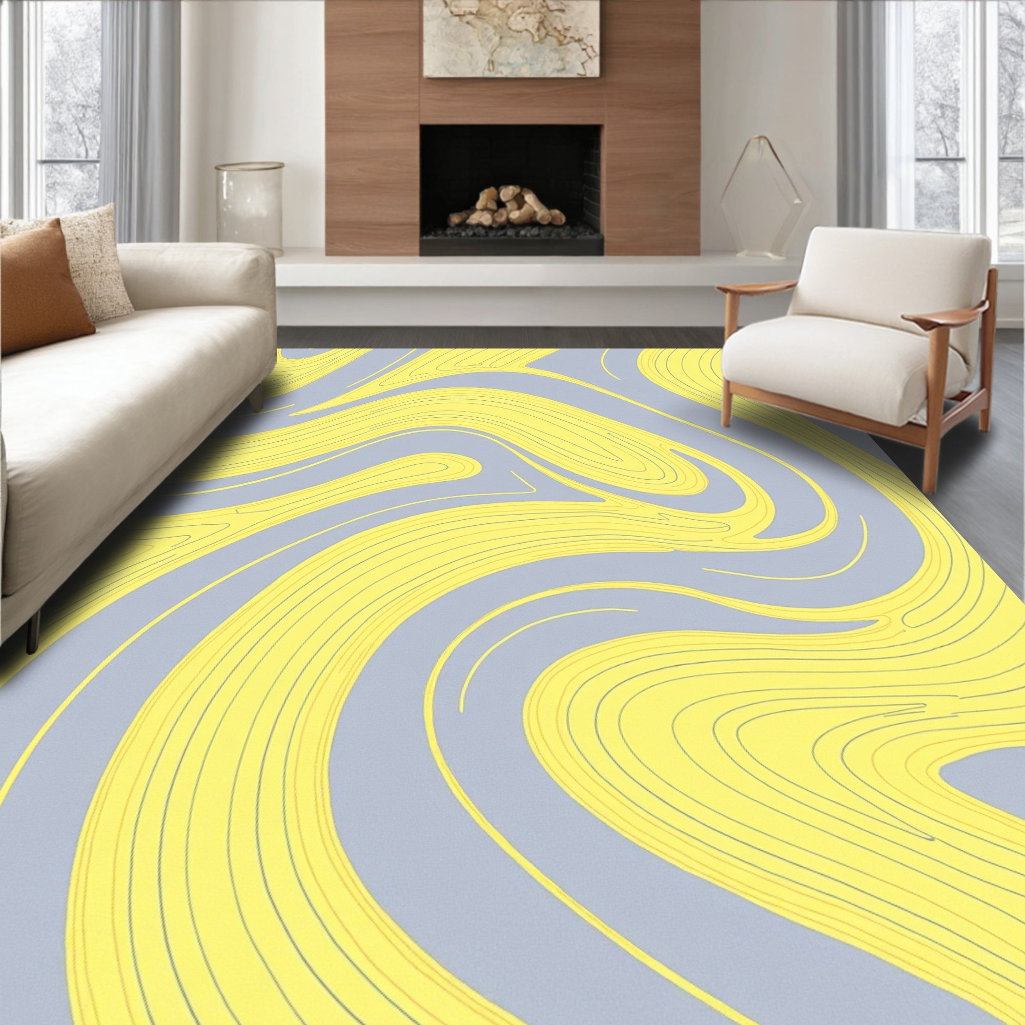 Gray Yellow Fluid Wave Rug