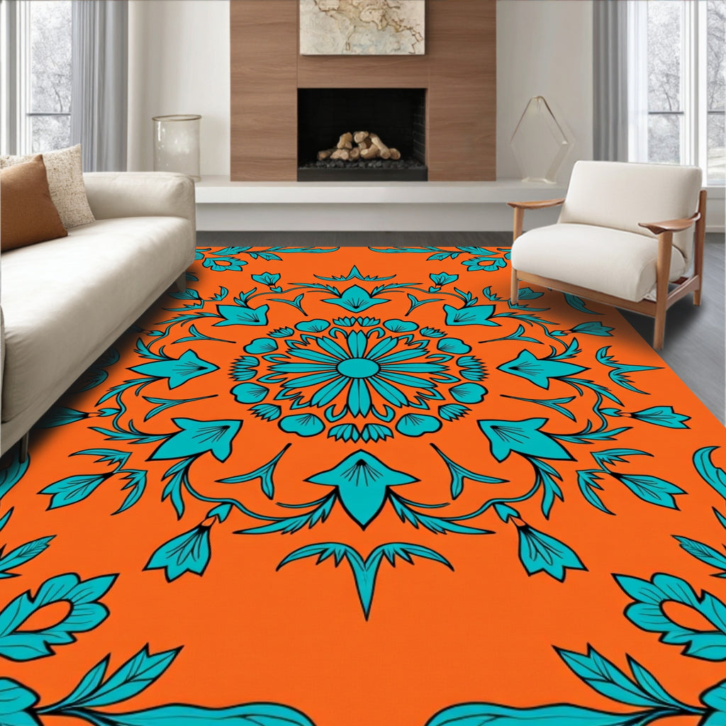 Turquoise Floral Mandala Pattern Rug