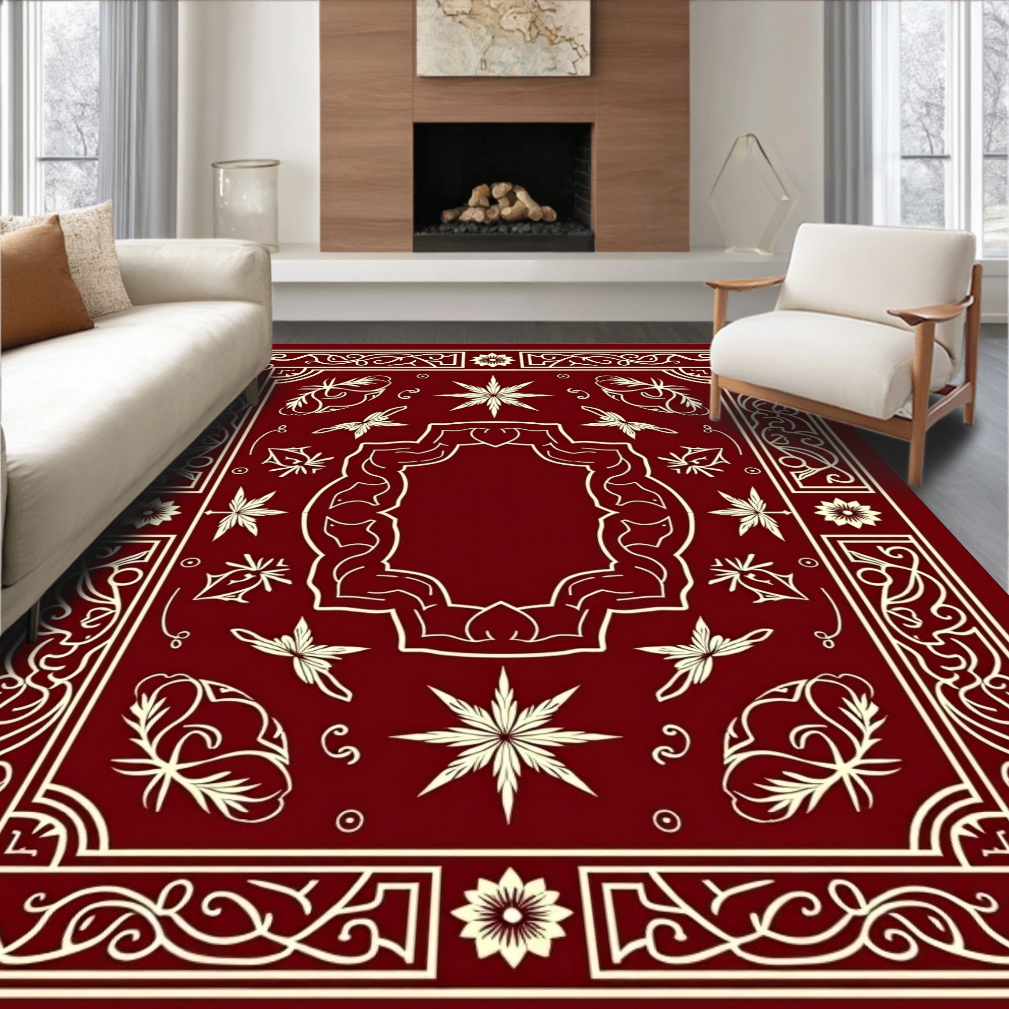 Deep Red Vintage Floral Starburst Frame Rug