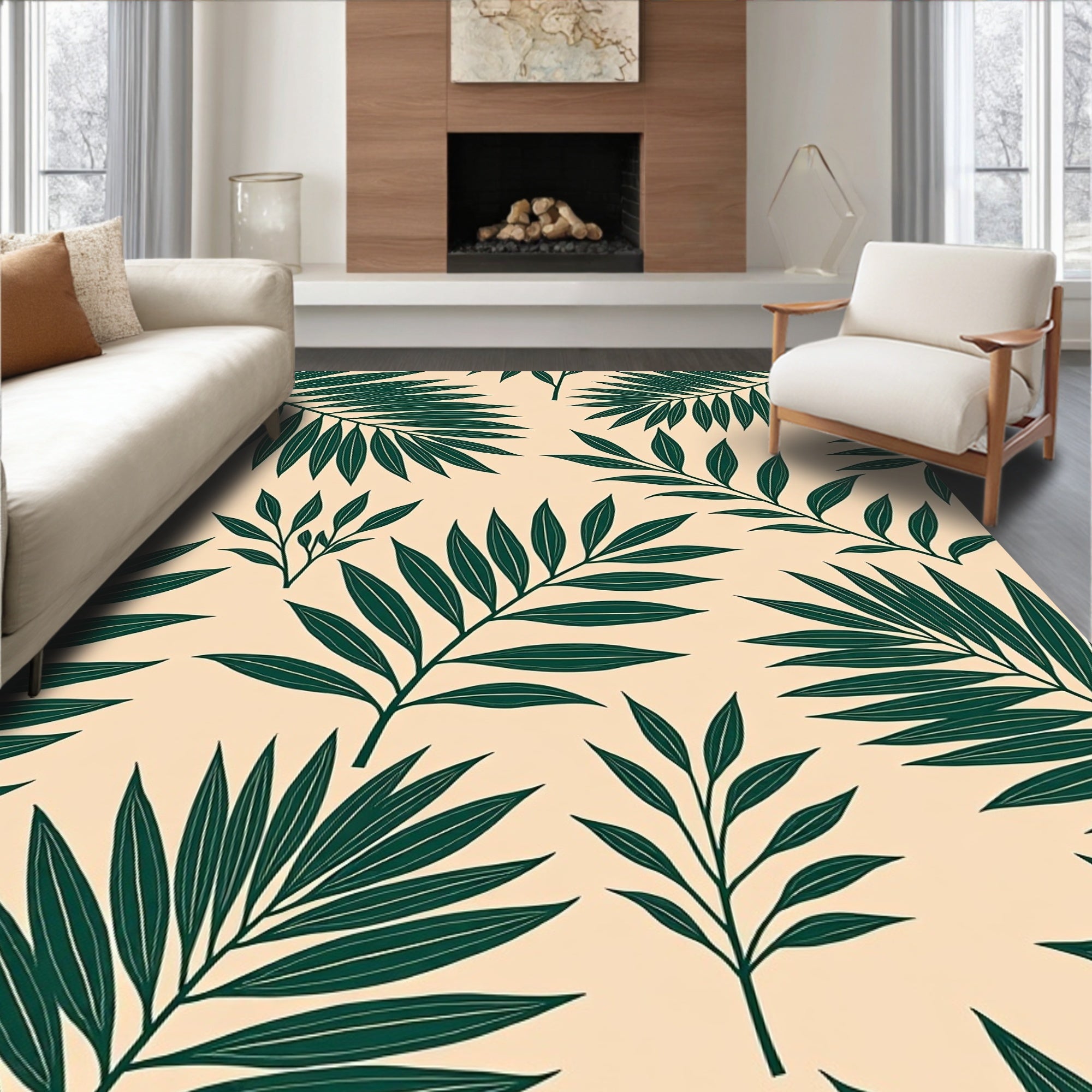 Dark Green Tropical Leaf Pattern Rug