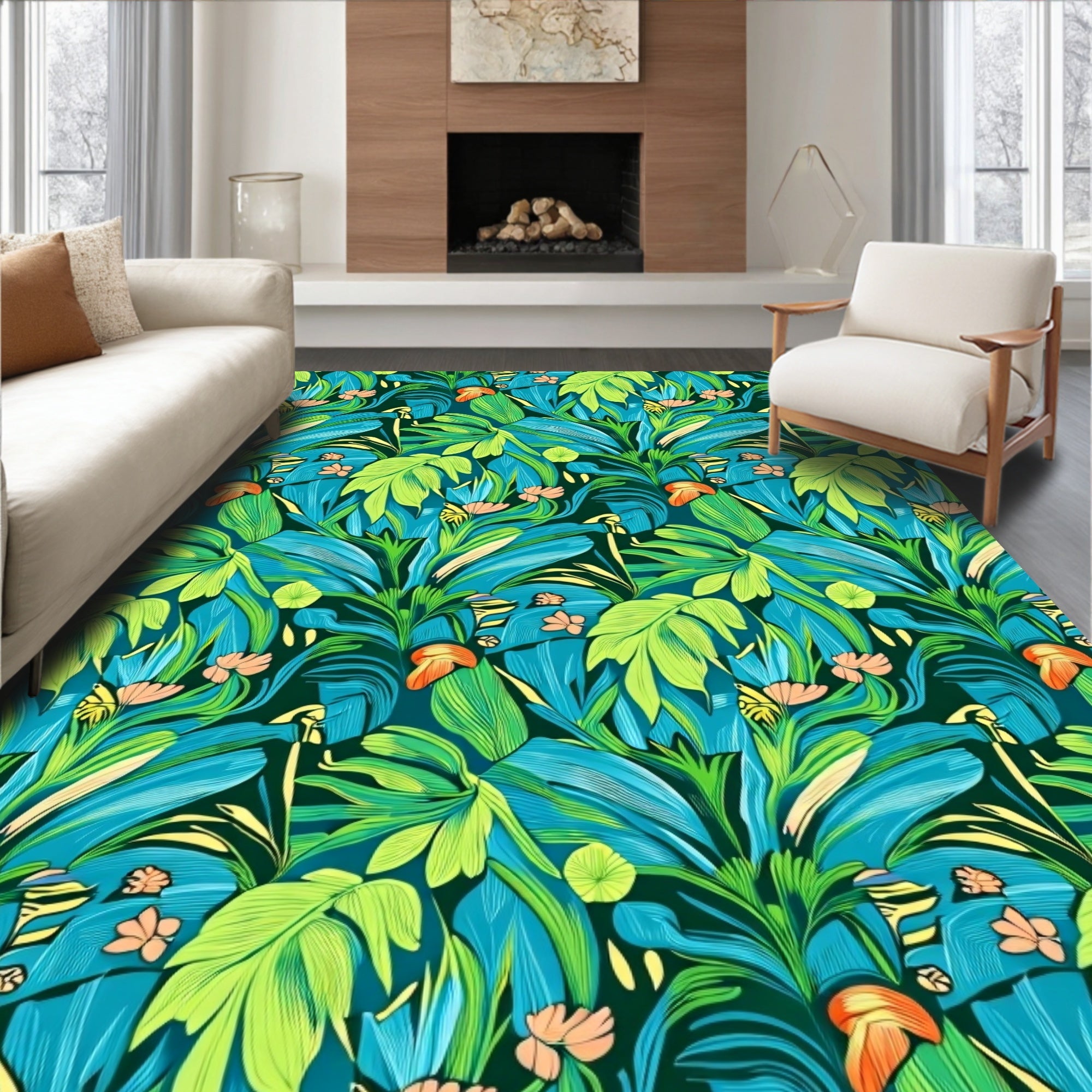 Exotic Tropical Jungle Leaf Pattern Rug