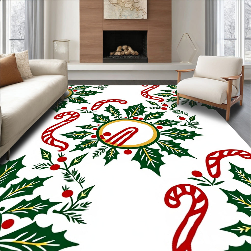 Festive Holly Candy Cane Circle Arrangement Rug