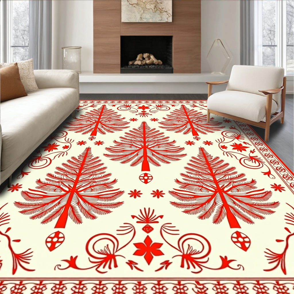 Red Tree Patterned Folk Rug