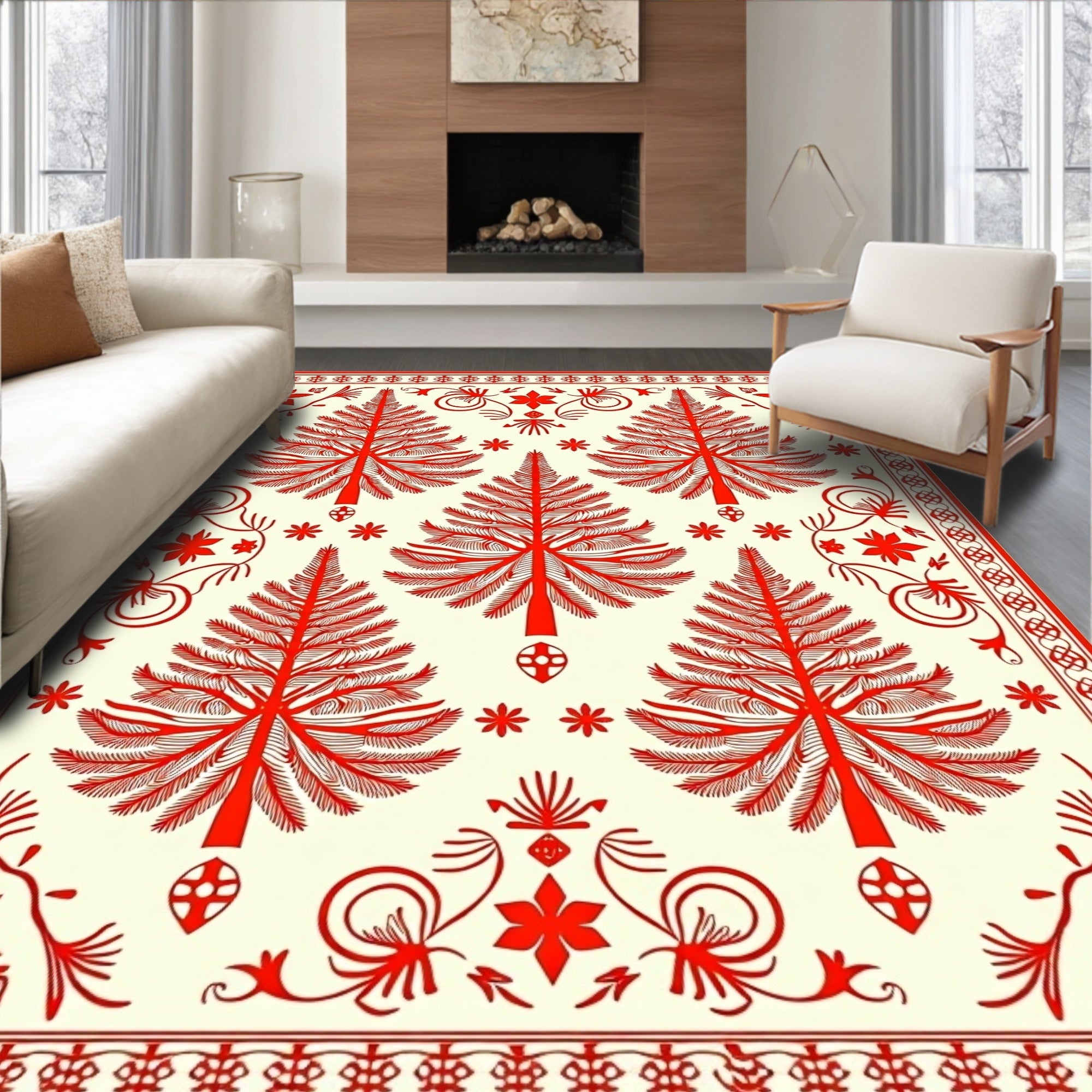 Red Tree Patterned Folk Rug