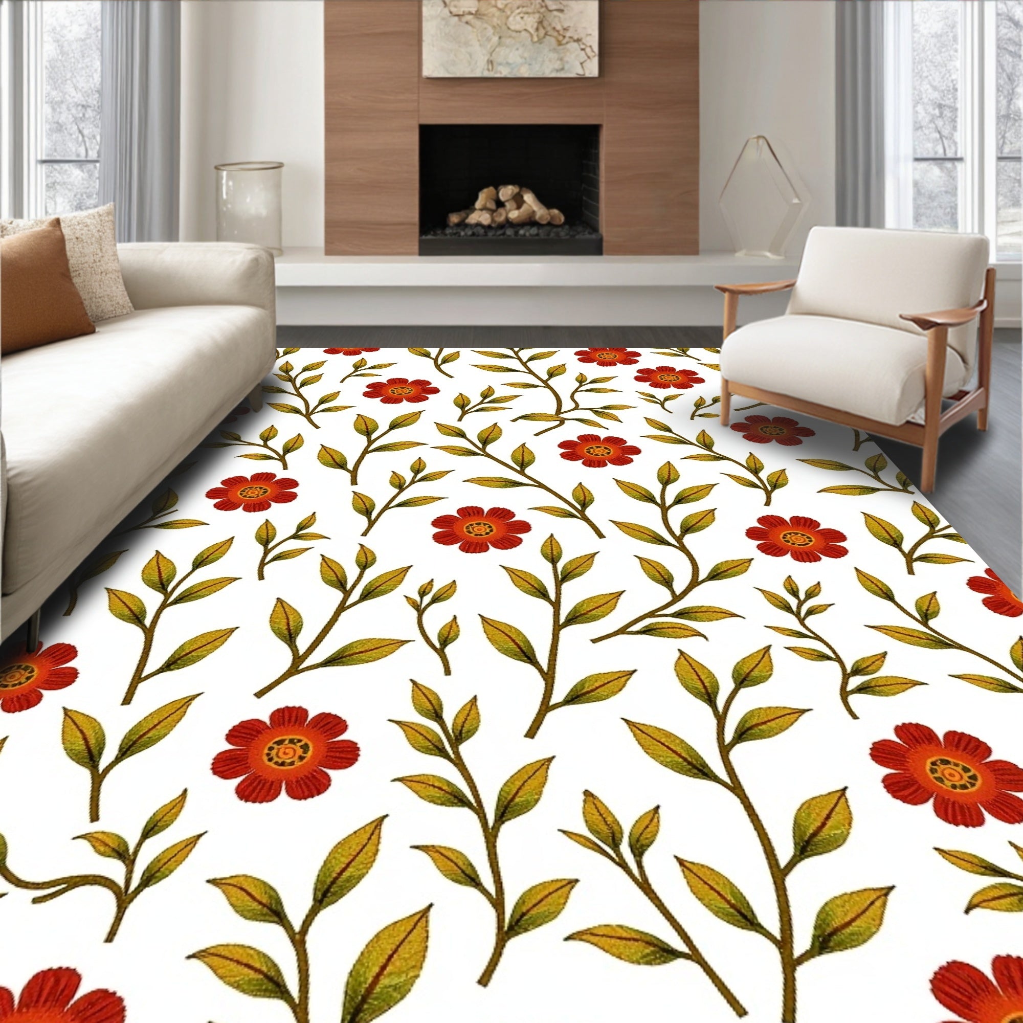 Rustic Red Flower And Leaf Pattern Rug