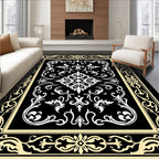 Ornate Black White Floral Border Rug