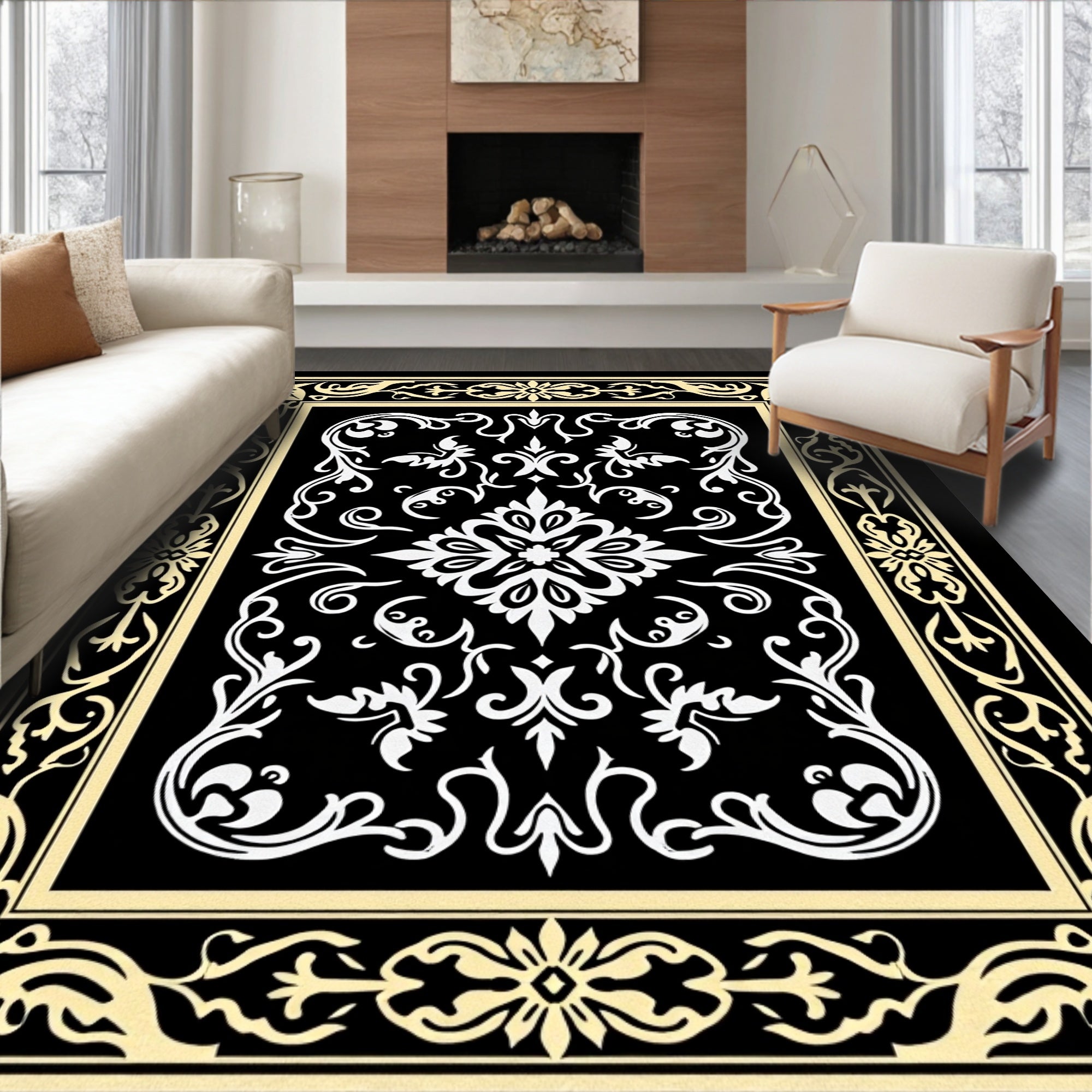 Ornate Black White Floral Border Rug