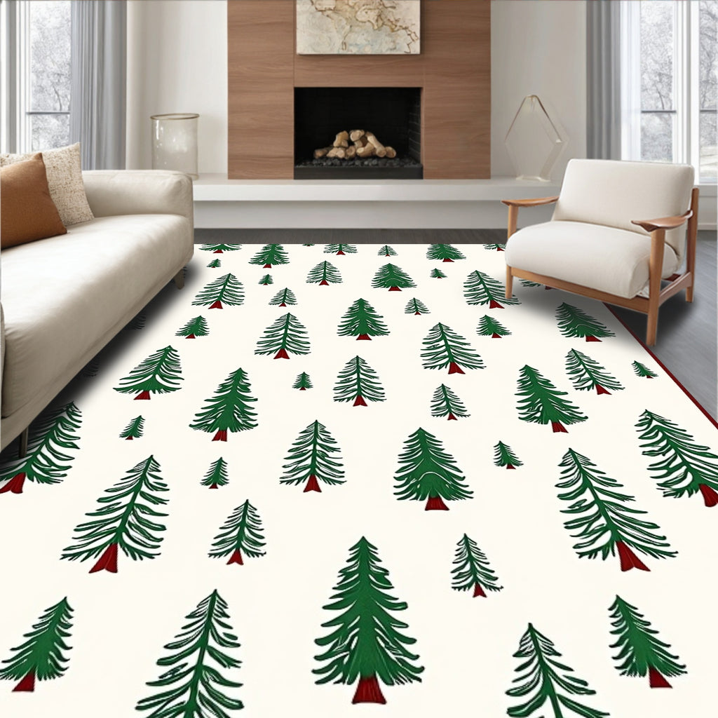 Green Pine Forest Scattered Trees Rug