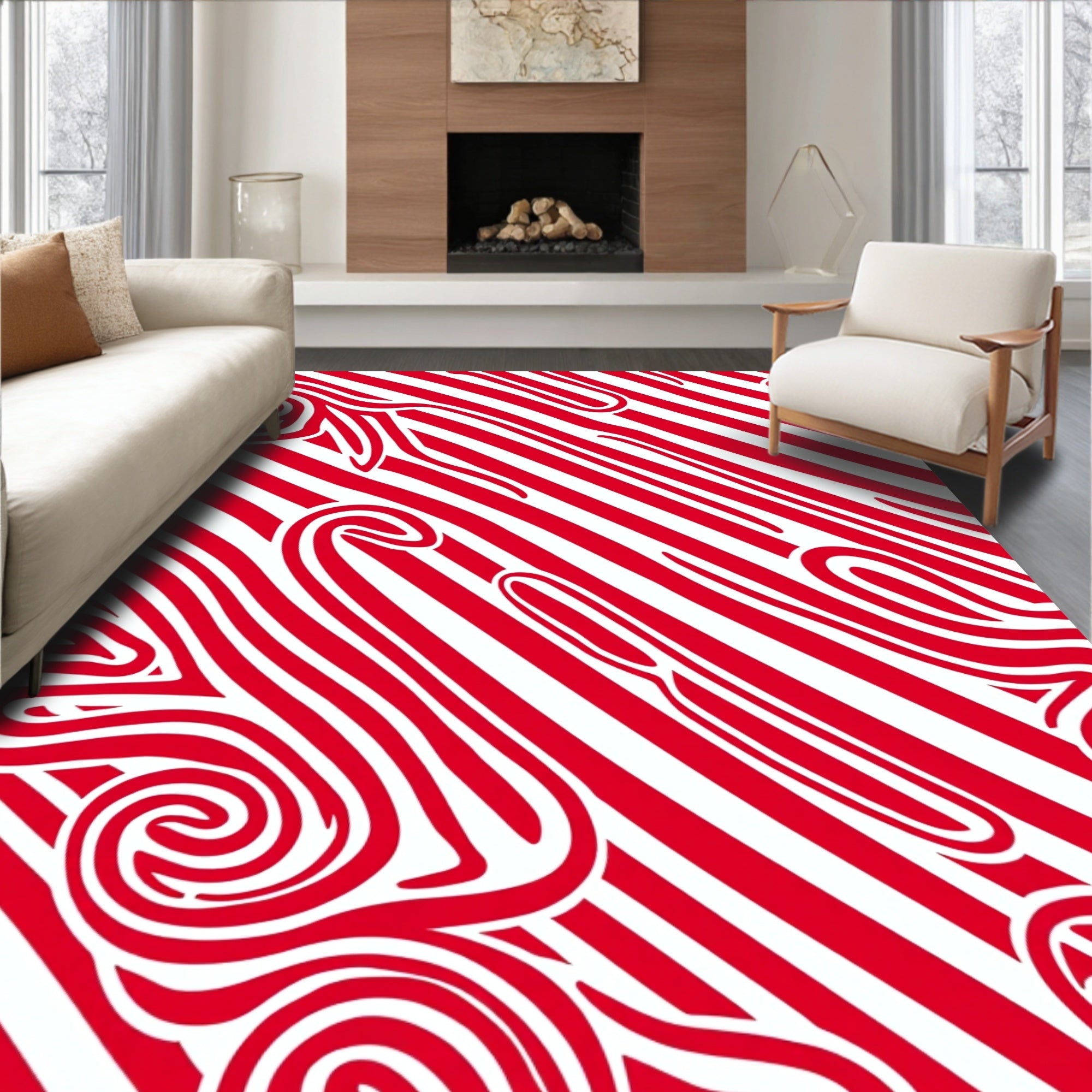 Bold Red White Swirl Stripes Design Rug
