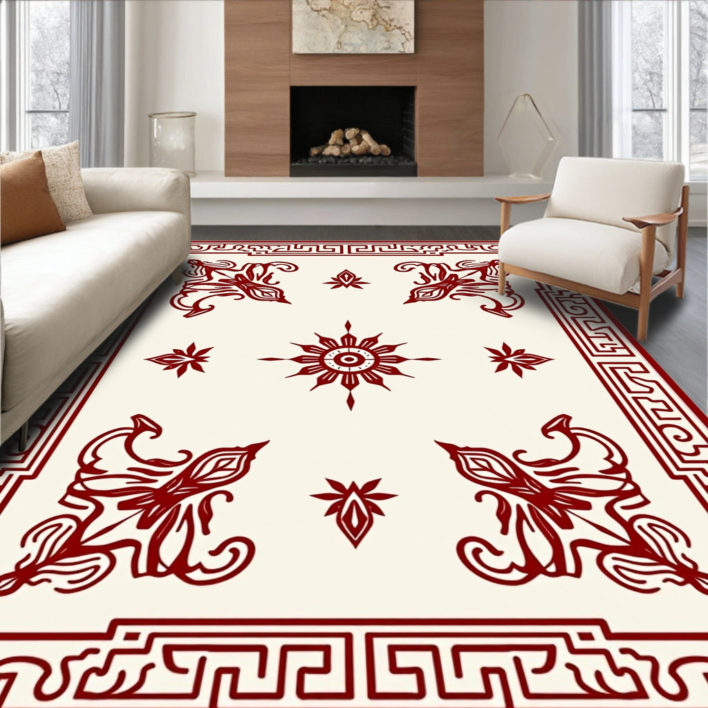 Red Ornamental Corner Scroll Design Rug