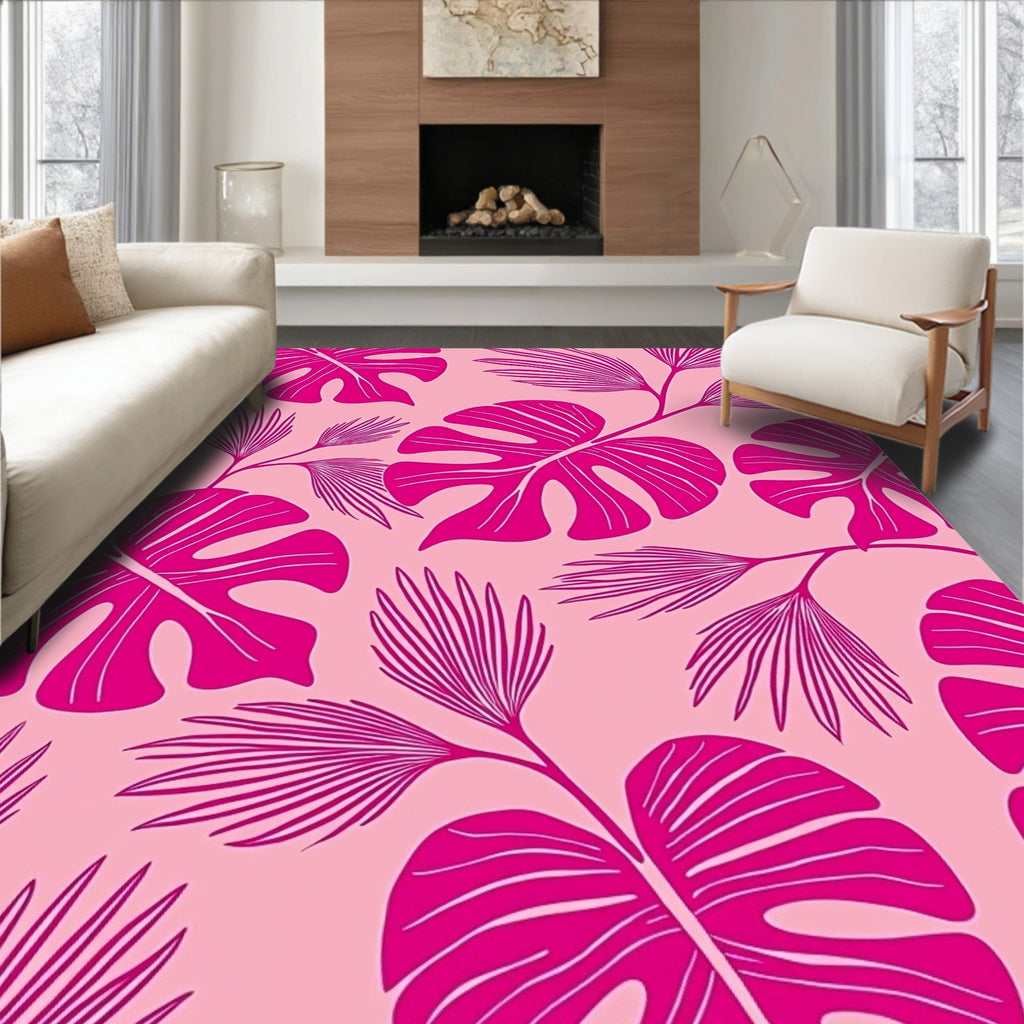 Vibrant Pink Tropical Leaf Pattern Rug