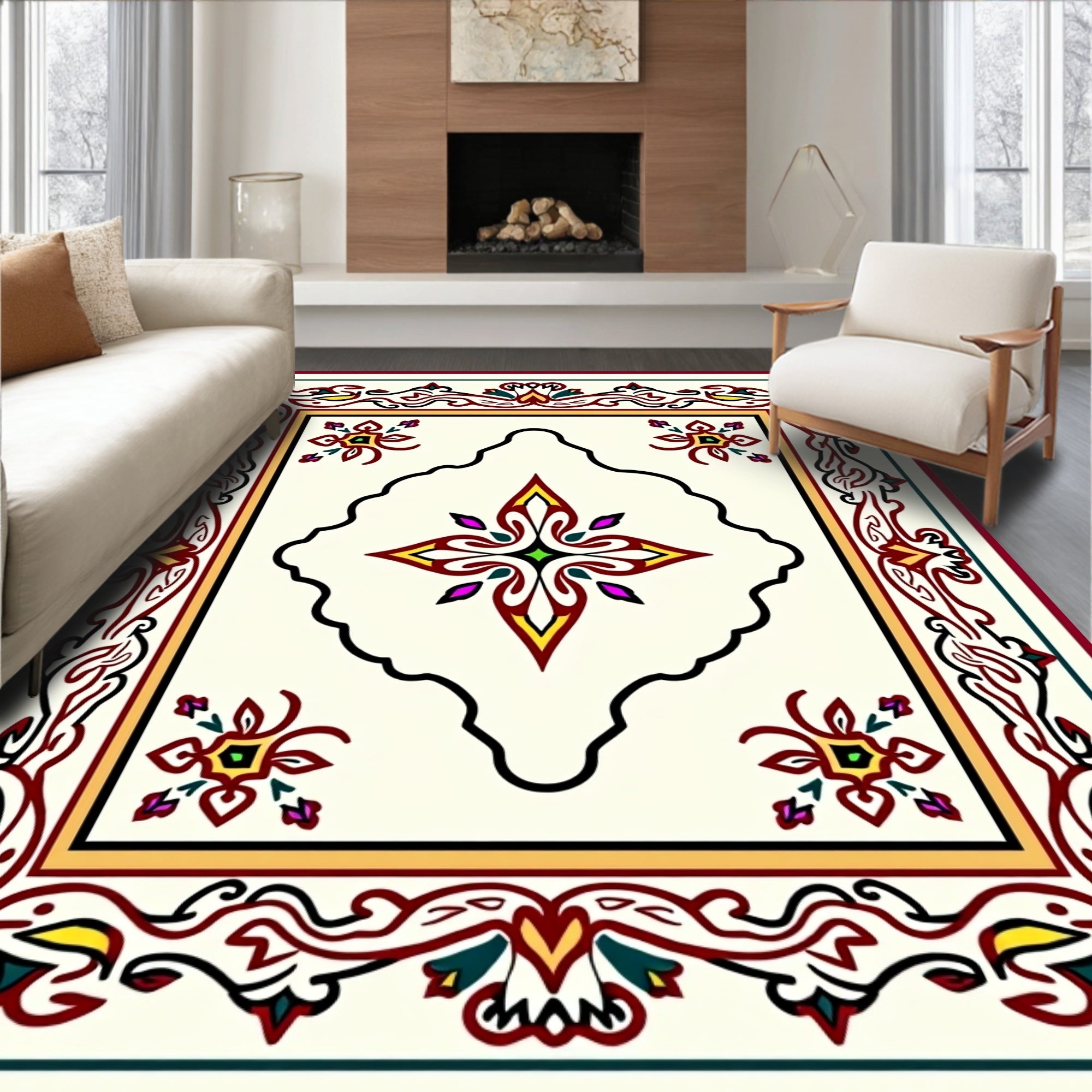 Ornate Floral Medallion Border Design Rug