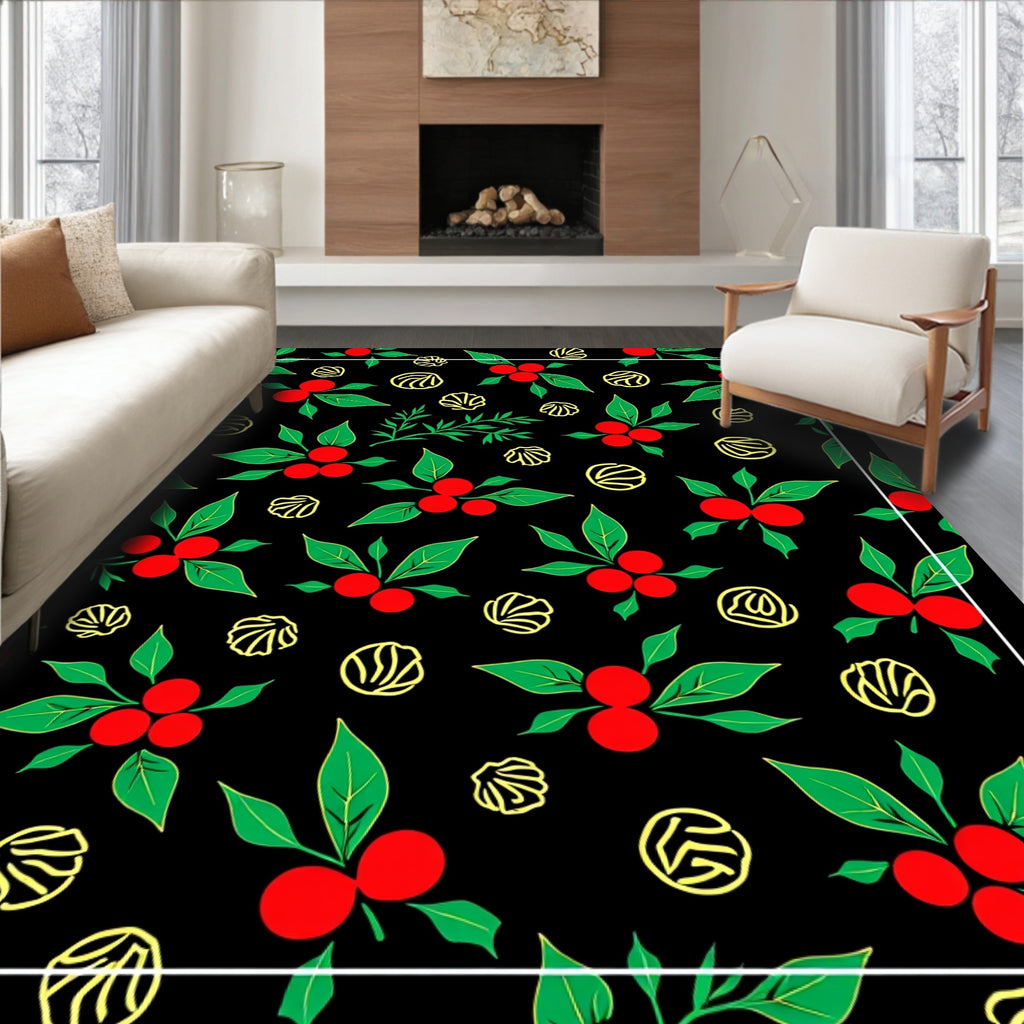 Red Berry Green Leaf Yellow Swirls Rug