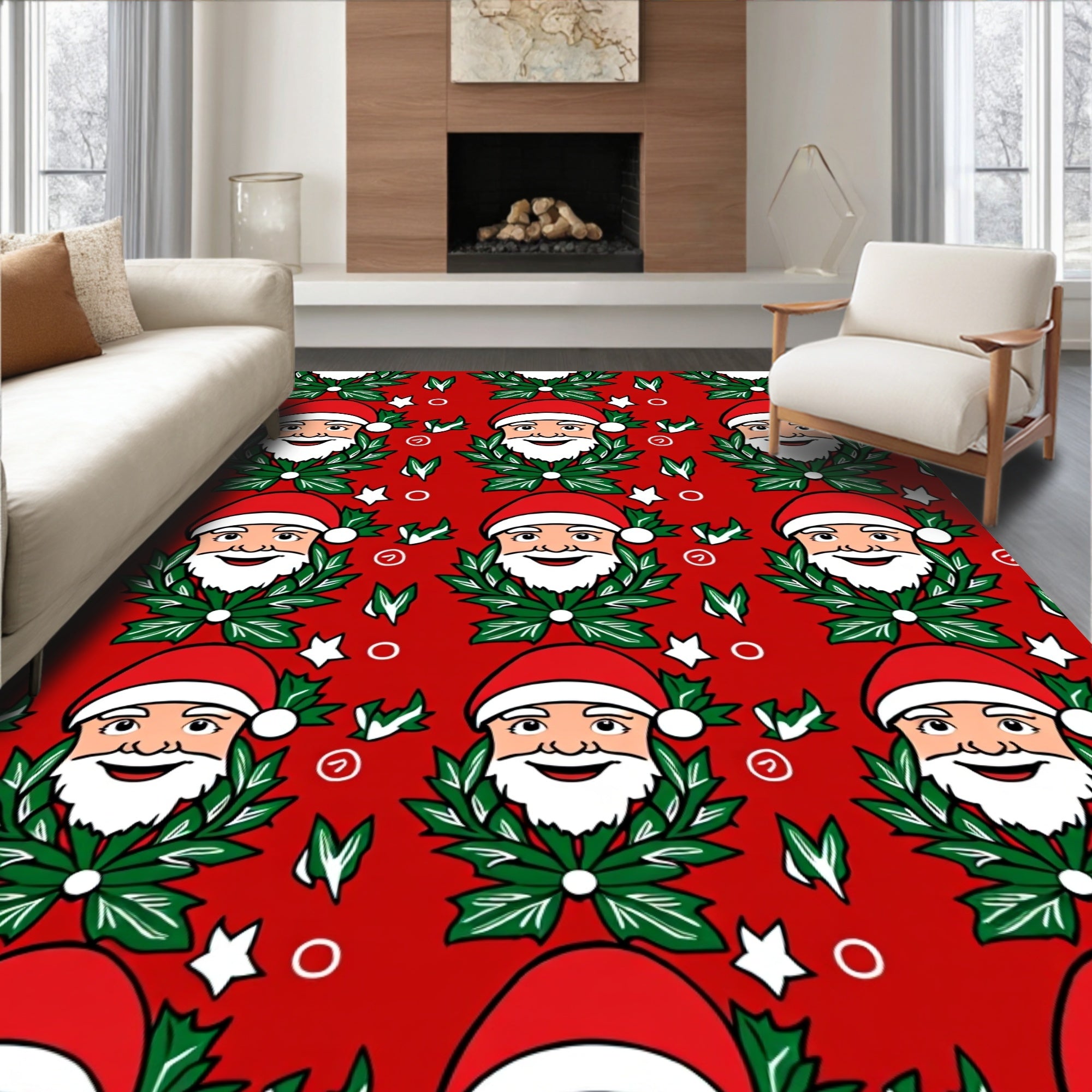 Festive Red Santa Laurel Wreath Carolers Rug