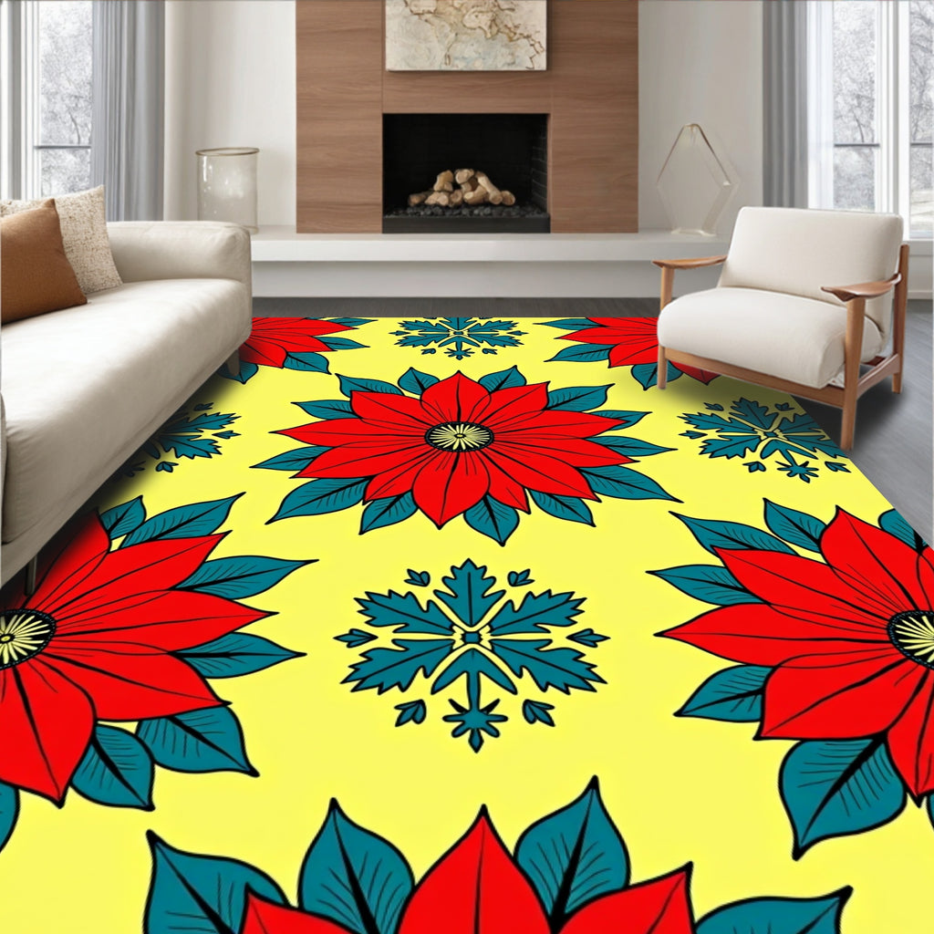 Bold Red Floral Snowflakes Pattern Rug