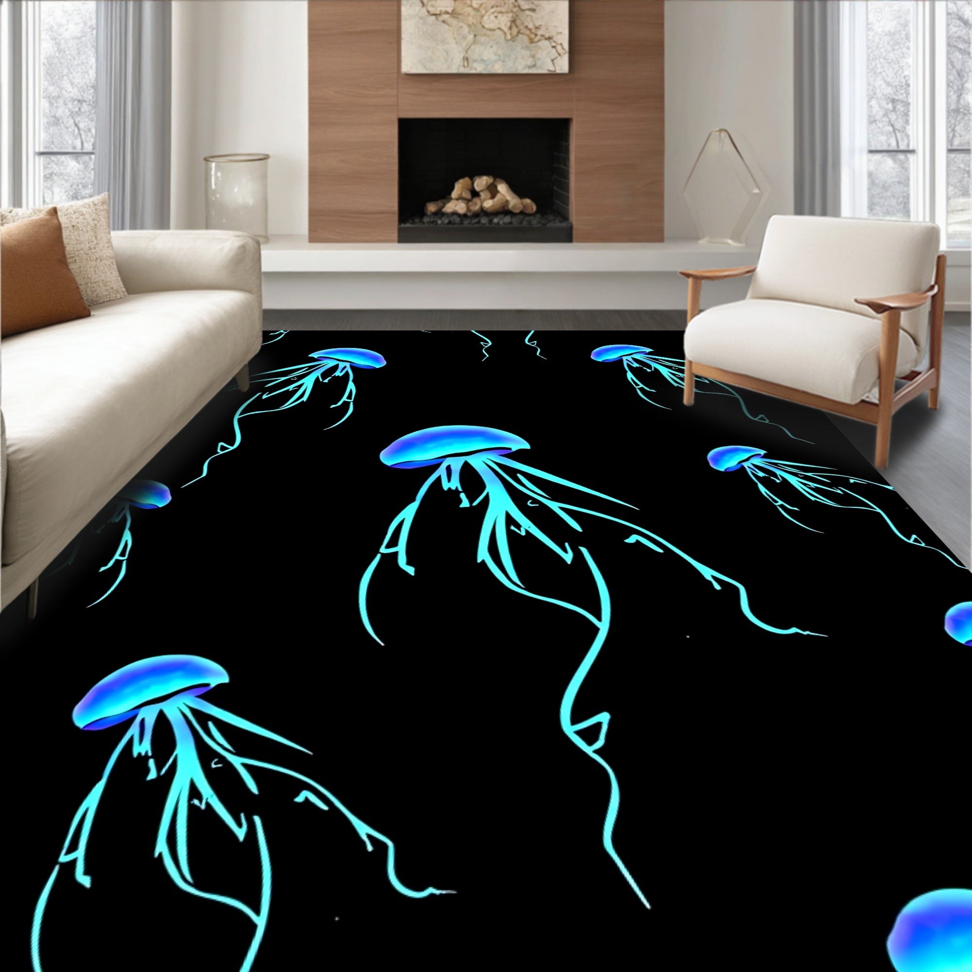 Bioluminescent Jellyfish Silhouette Pattern Rug