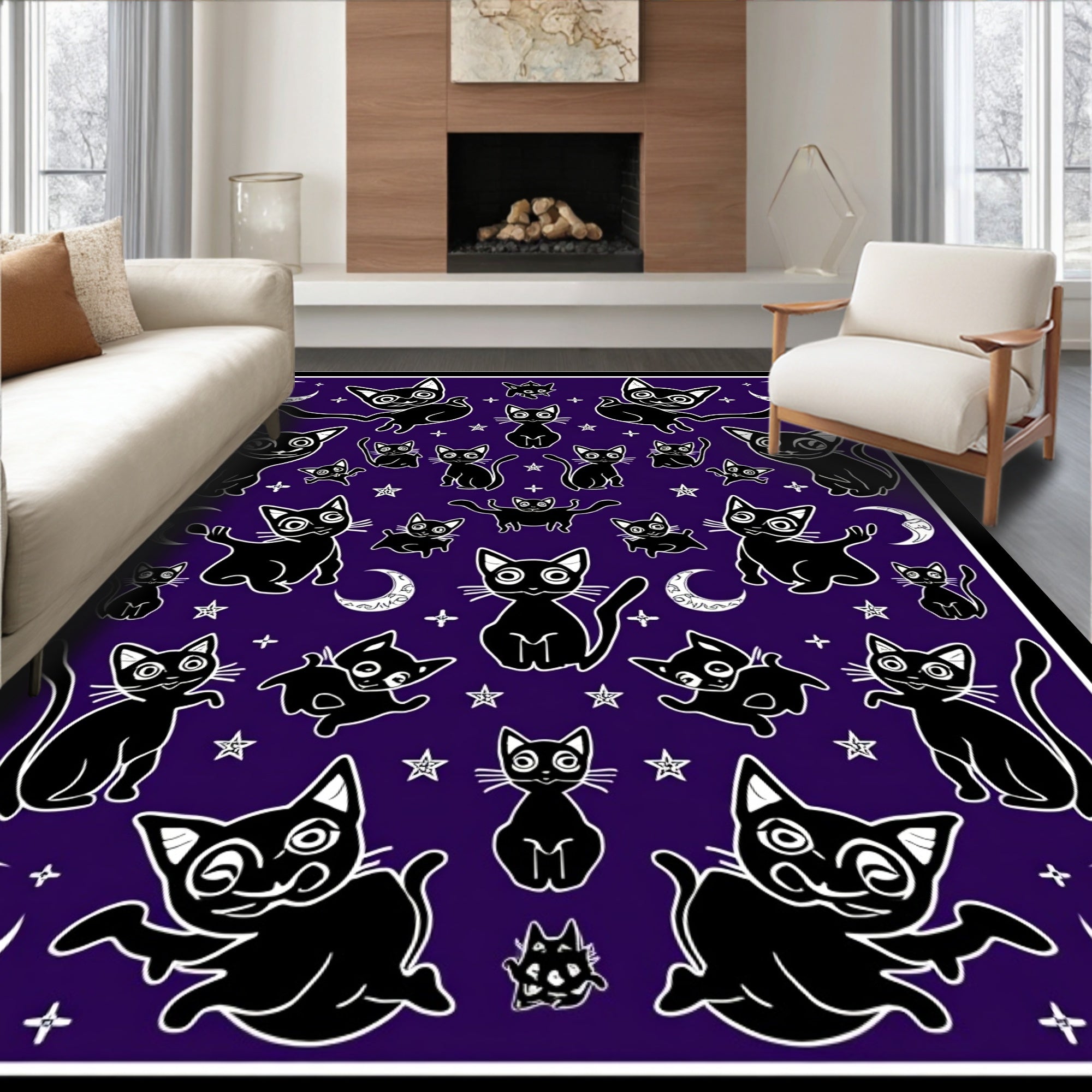 Whimsical Black Cats Stars Design Rug