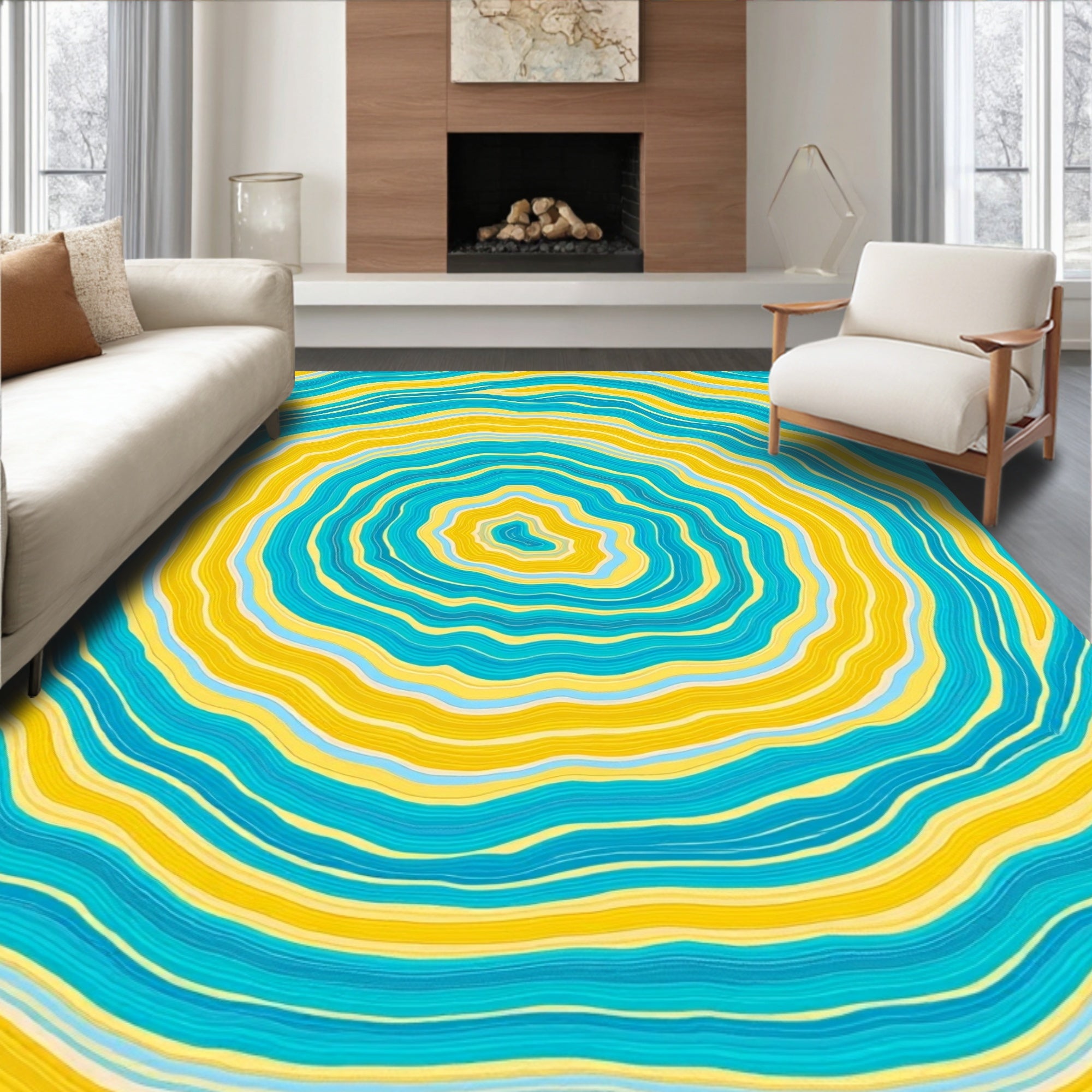 Bright Yellow Teal Wavy Rings Design Rug