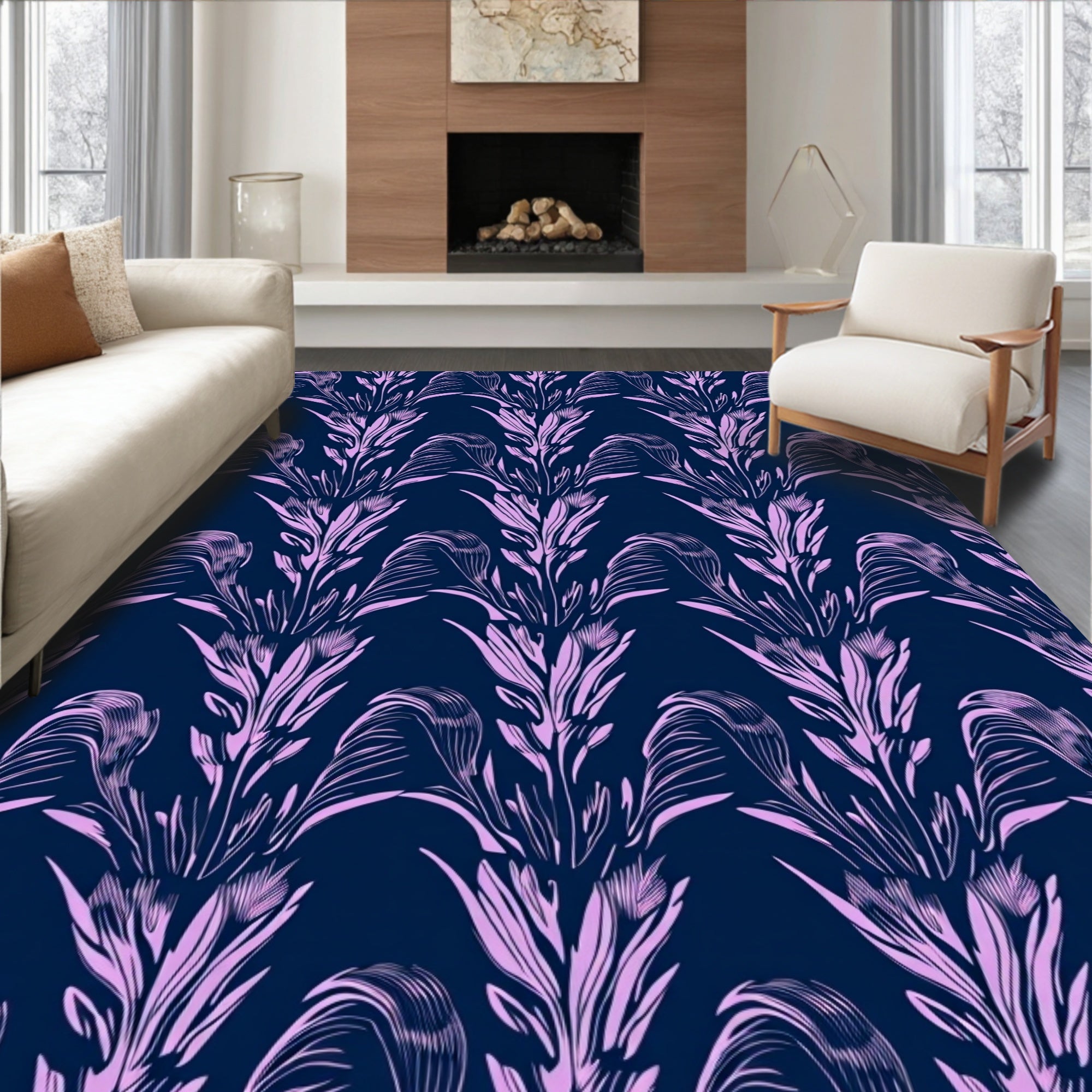 Art Nouveau Floral Navy Lavender Design Rug