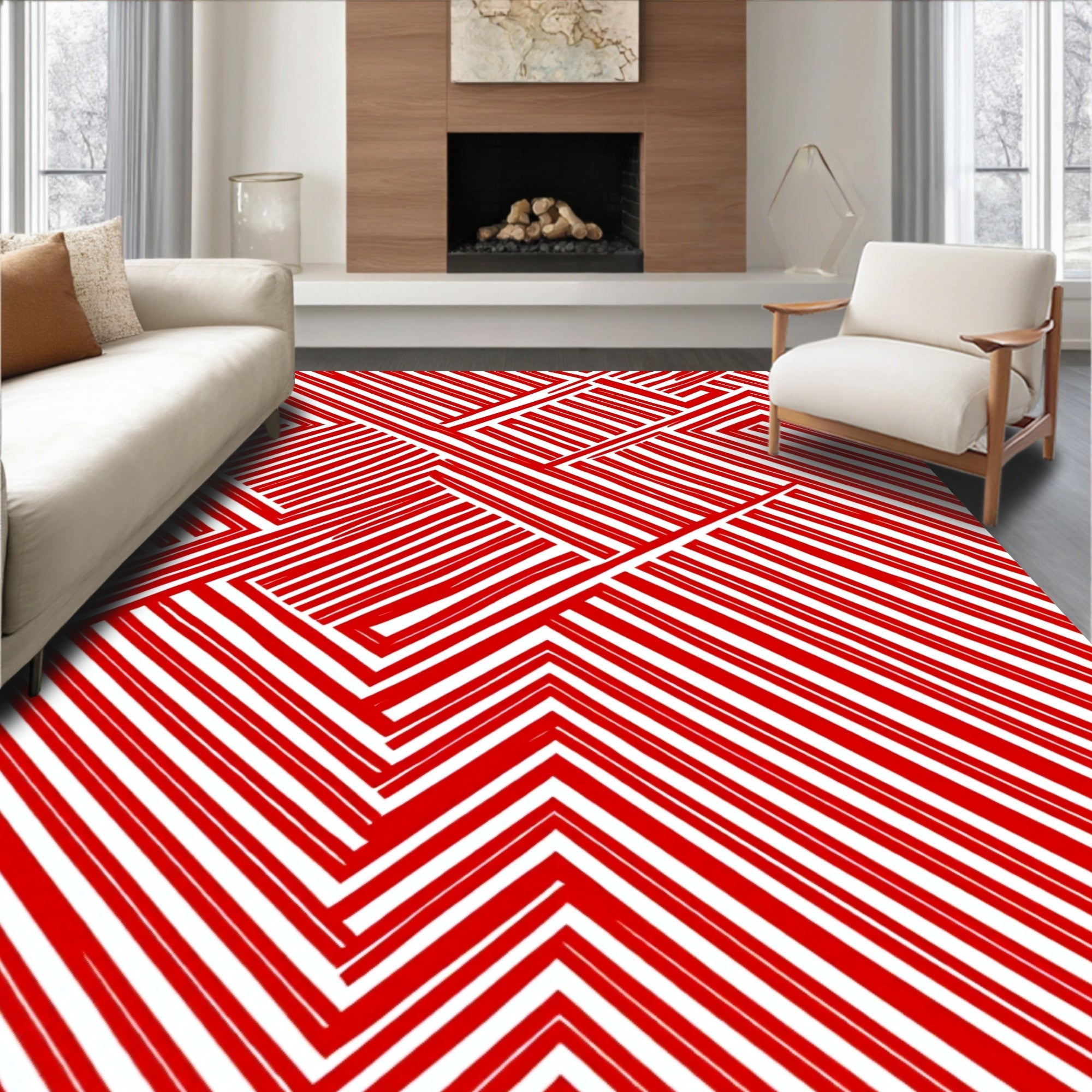 Red Geometric Maze Lines Rug