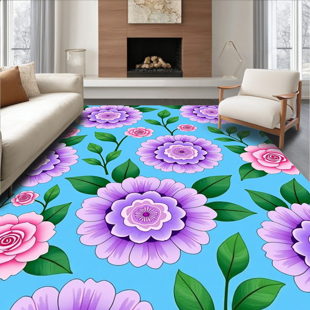 Vibrant Floral Patterned Blue Background Rug